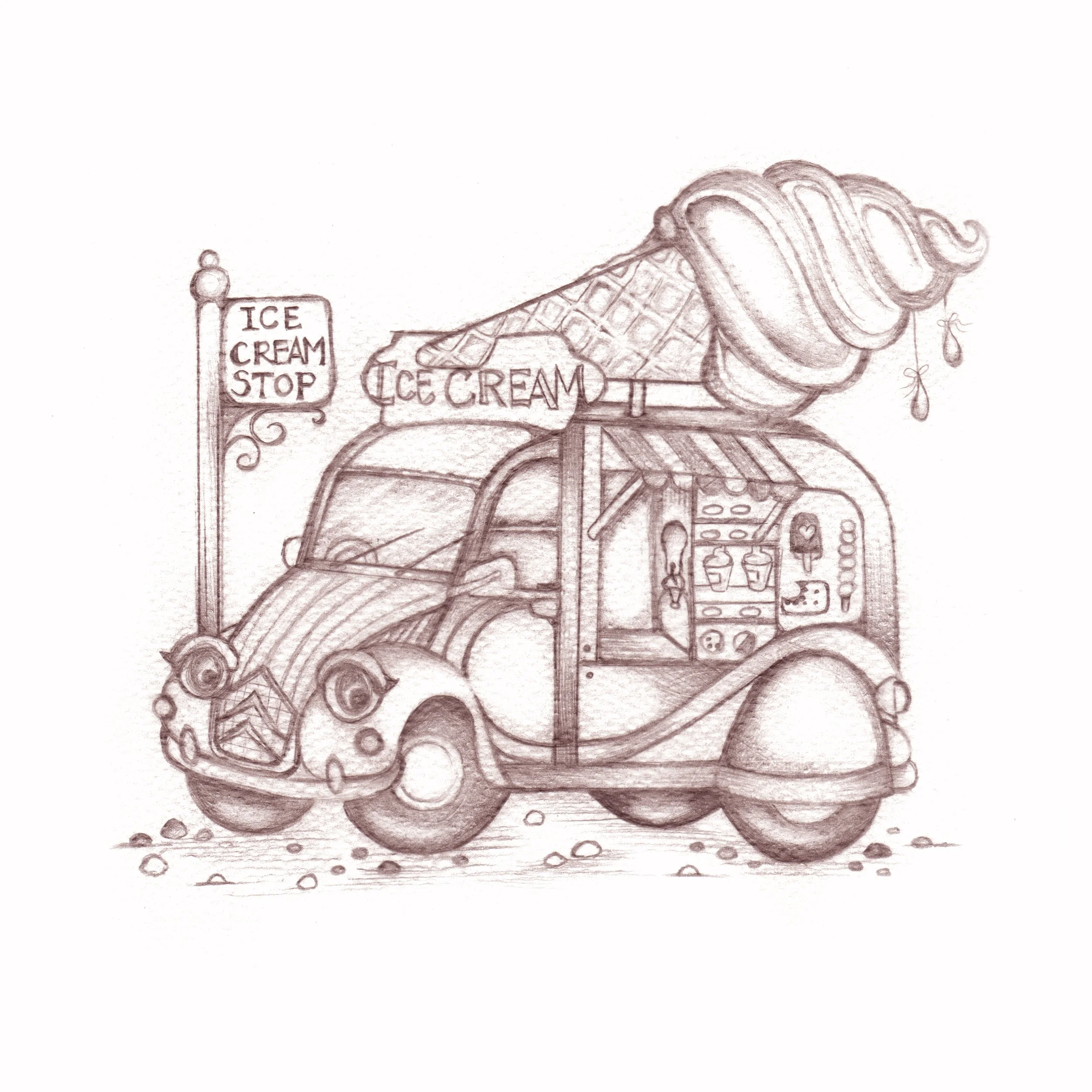 Ice Cream Stop 2026. Pencil drawing on textured watercolour paper, tinted to Sepia digitally (Software: Procreate, hardware: iPad Pro 13)