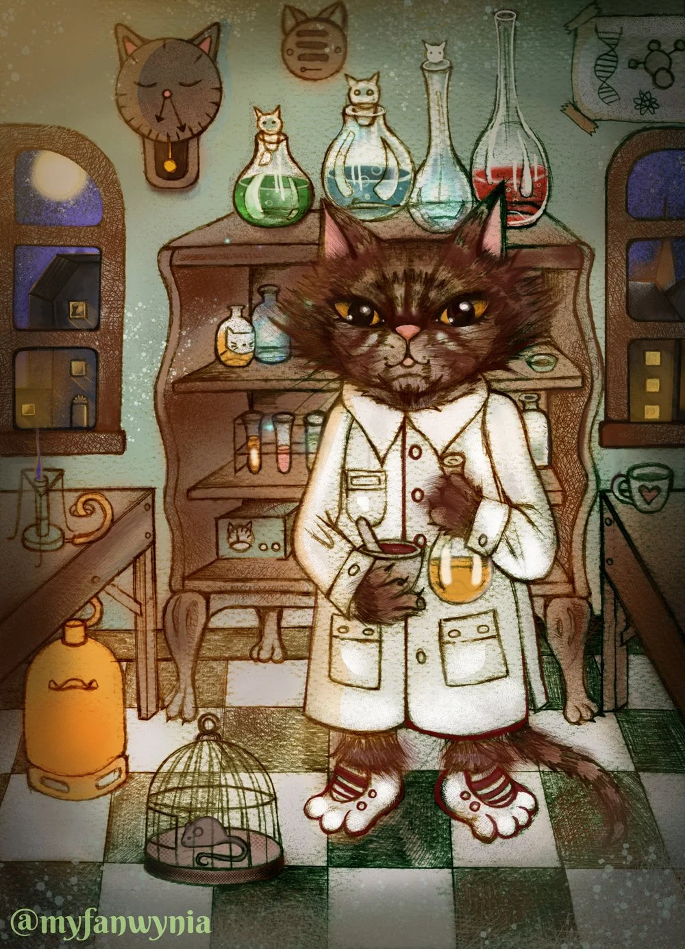 Professor Whiskington 2025. Pencil drawing on textured watercolour paper, colourised digitally (Software: Procreate, hardware: iPad Pro 13)
