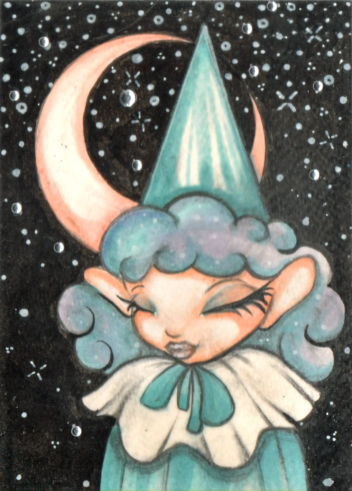  Miniatures & Studies: Sleepy Pierrot 2025. Indian Ink & Copic. 10.16 × 15.24 cm. Created for the Incognito charity art exhibition, 2024.