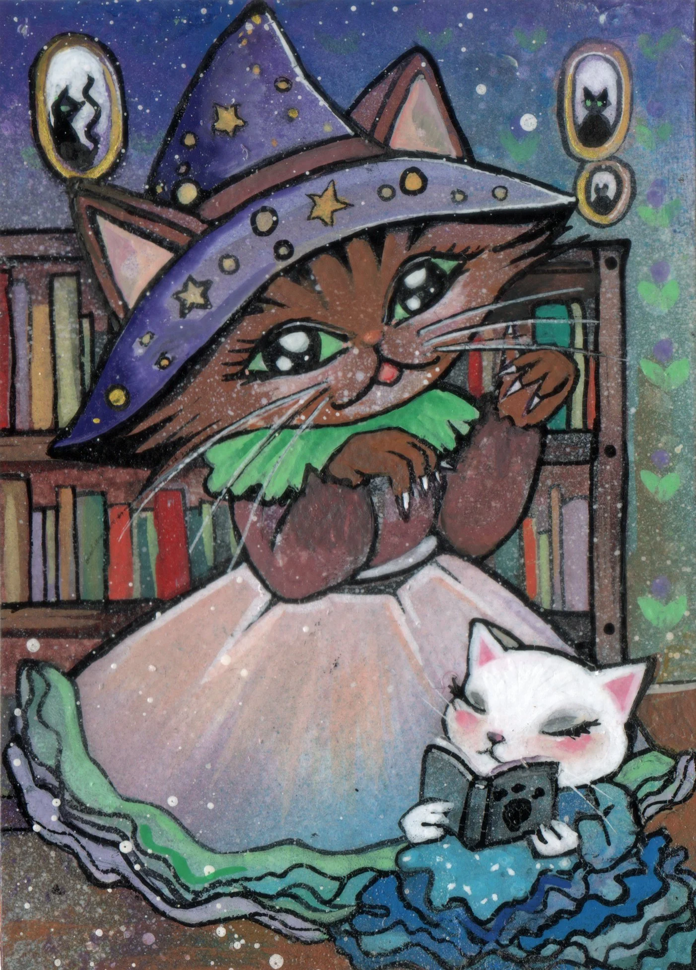  Miniatures & Studies: Kitty Witches library 2025. Indian Ink & gouache. 10.16 × 15.24 cm. Created for the Incognito charity art exhibition, 2024.