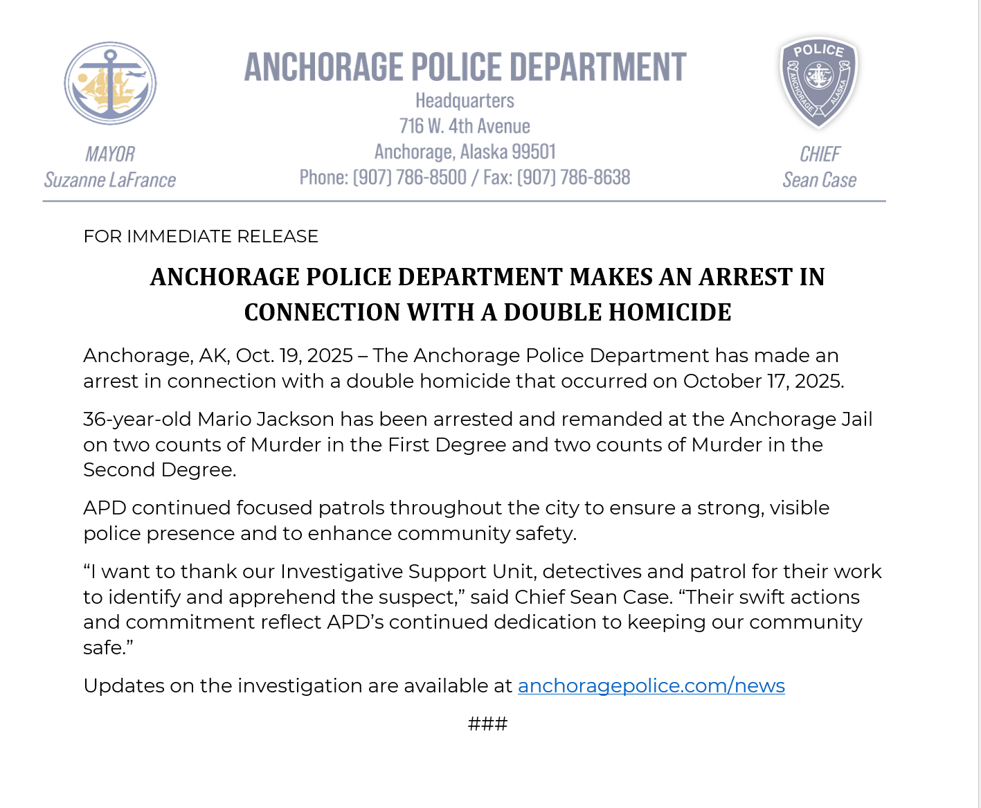 PRESS RELEASE: ARREST MADE IN CONNECTION WITH DOUBLE HOMICIDE ...