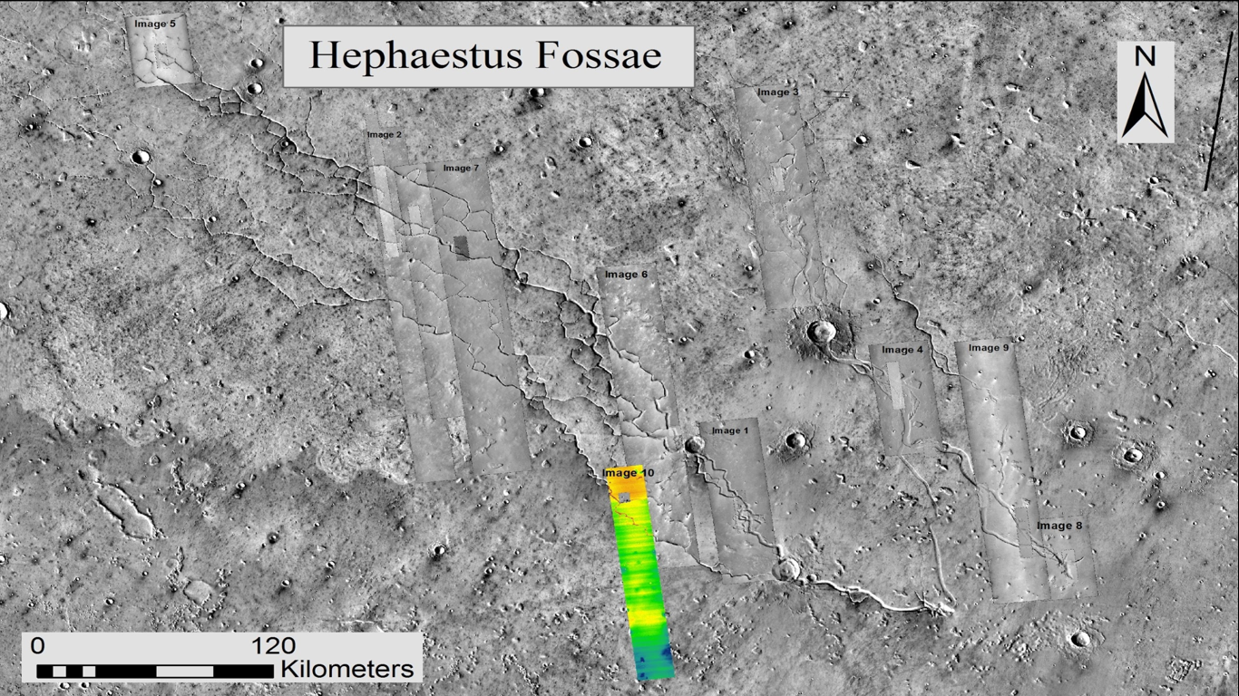 Study-area mosaic of Hephaestus Fossae on Mars, showing mapped orbital-image footprints and stratigraphic analysis locations.