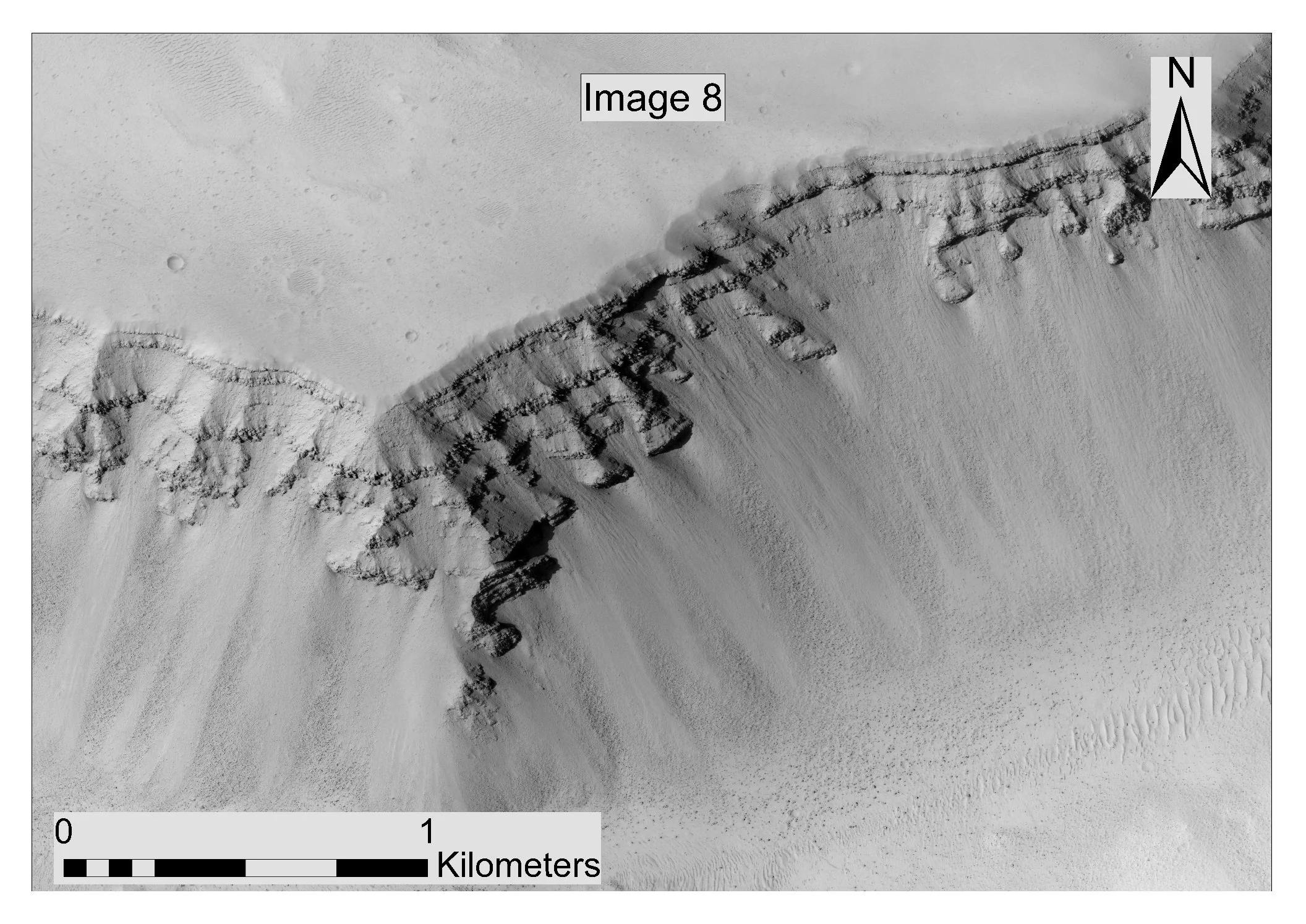 HiRISE view of a Martian fracture exposure used to estimate regolith thickness and compare boulder-rich stratigraphic units.