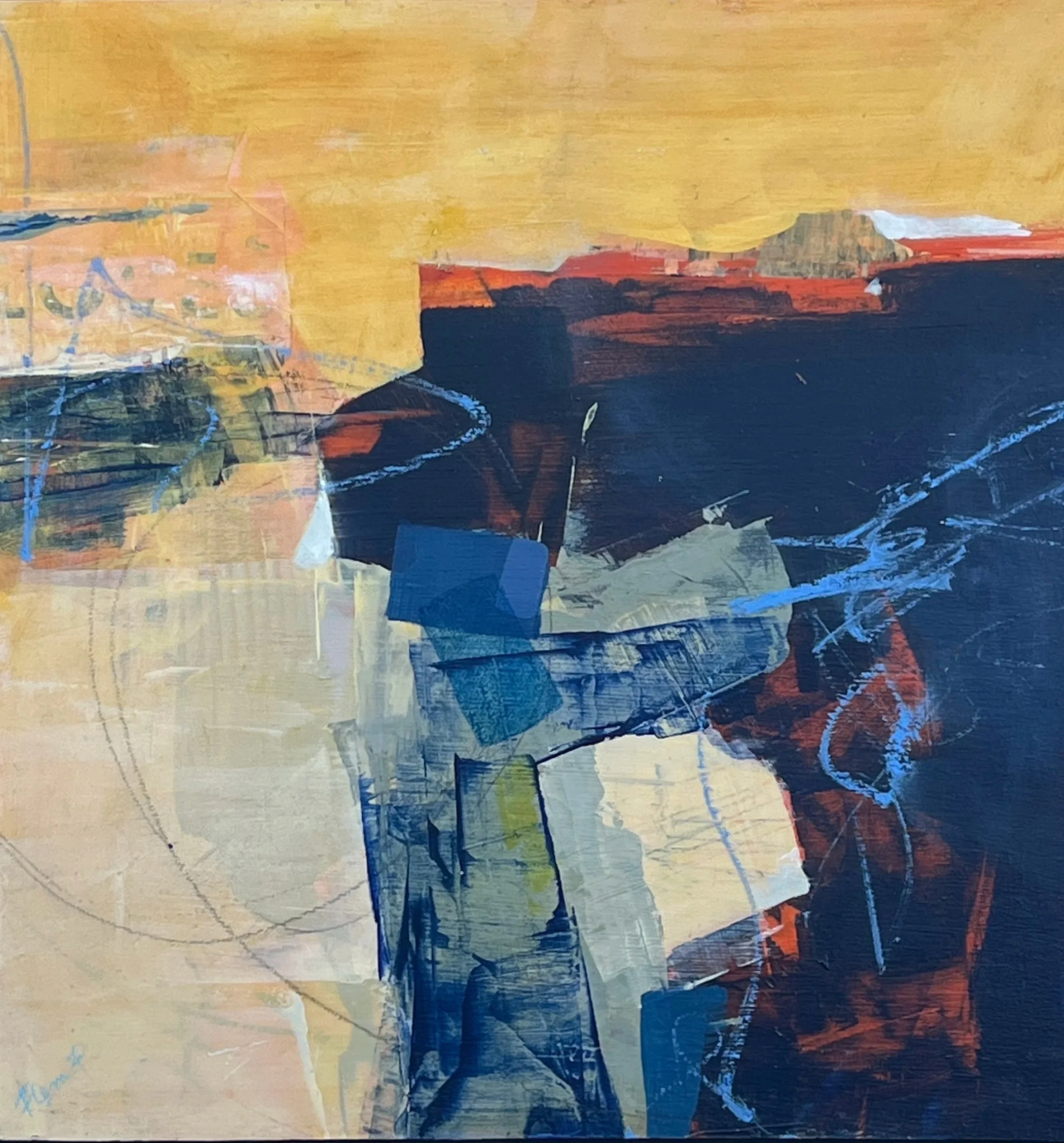 A blue and amber Vermont abstract landscape mixed media painting on wood panel.