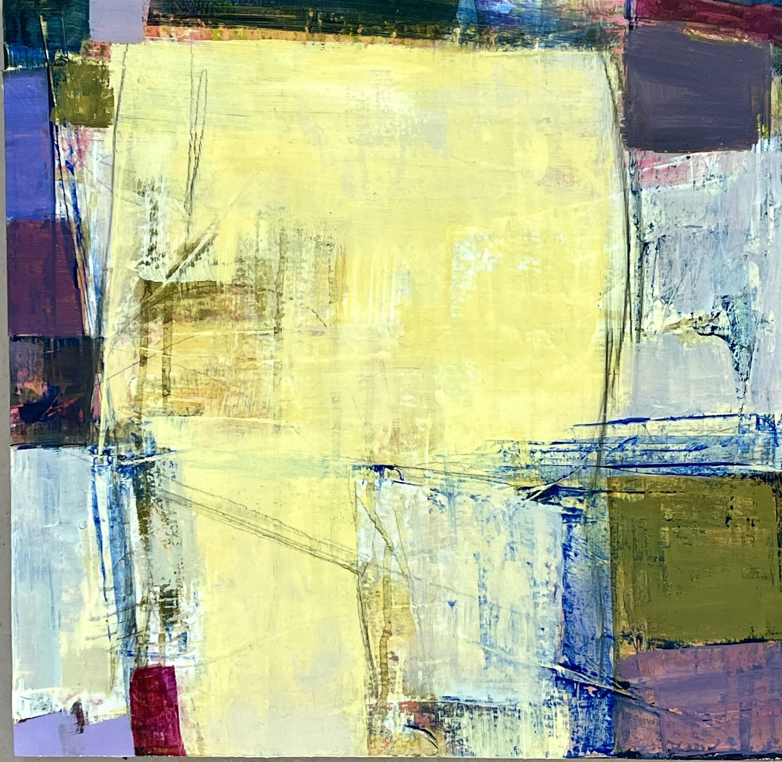A mixed media abstract painting with expressive marks and vibrant colors.