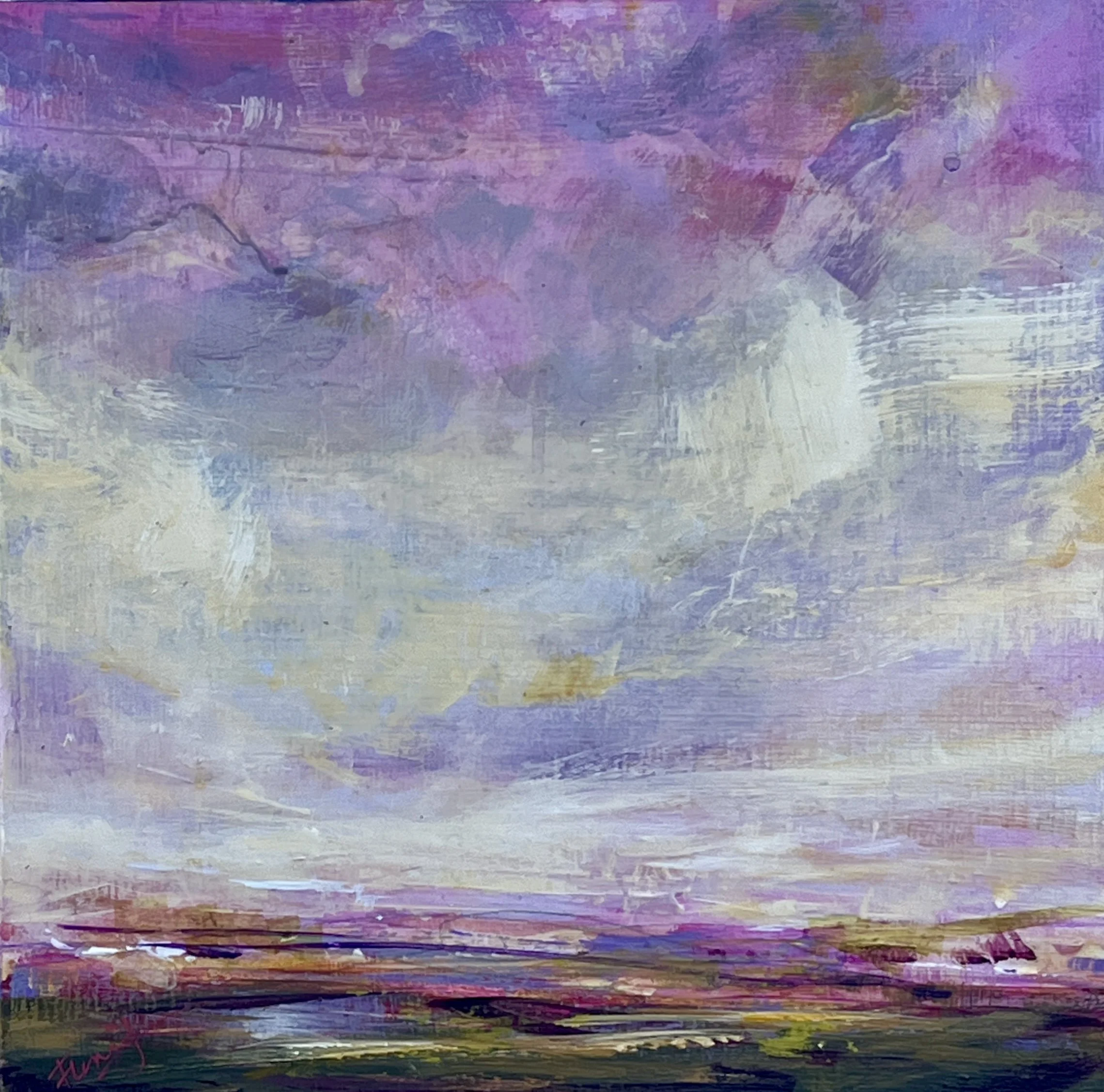 Purple and blue mixed media landscape painting with yellow highlights.