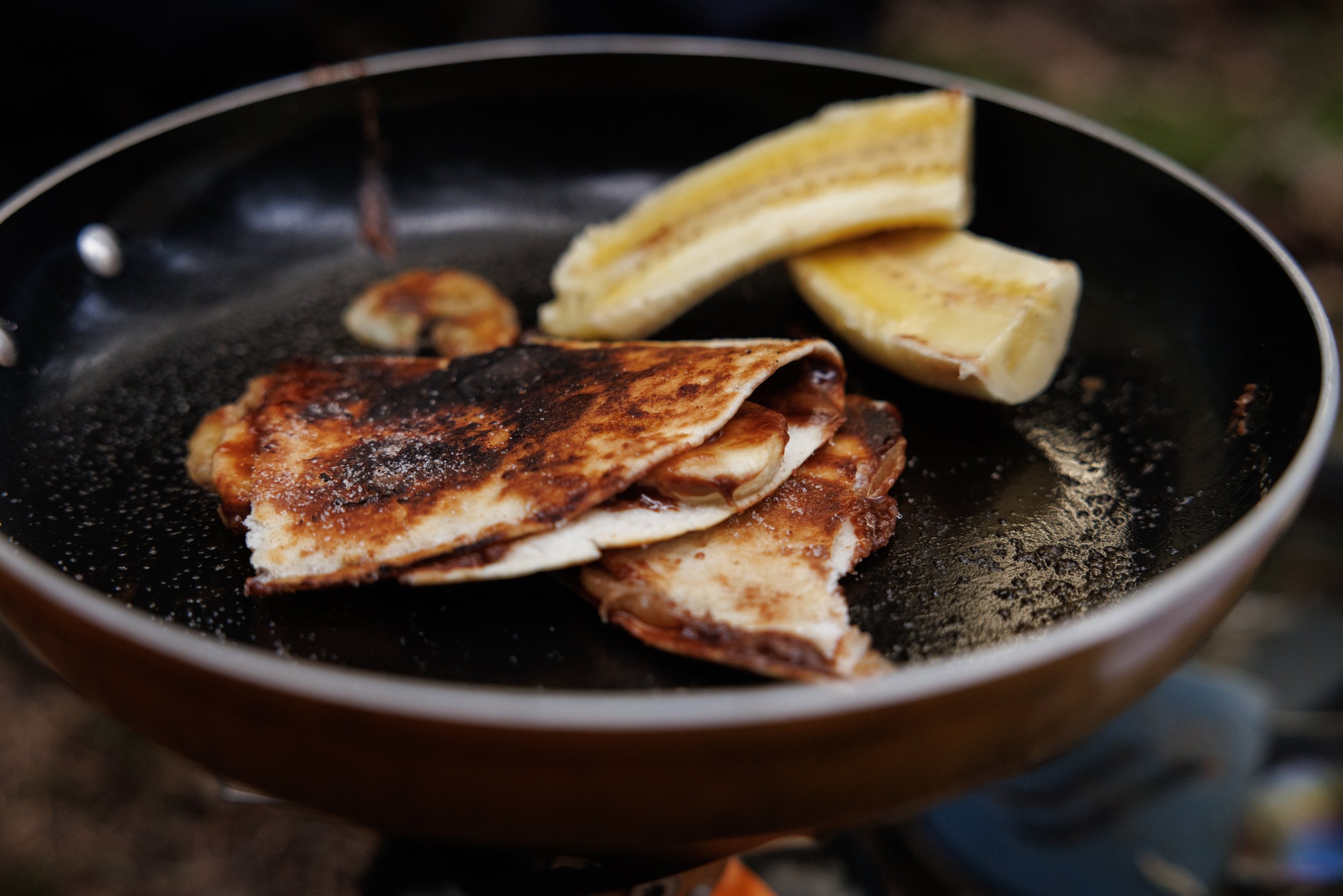 fried nutella and banana wrap in pan