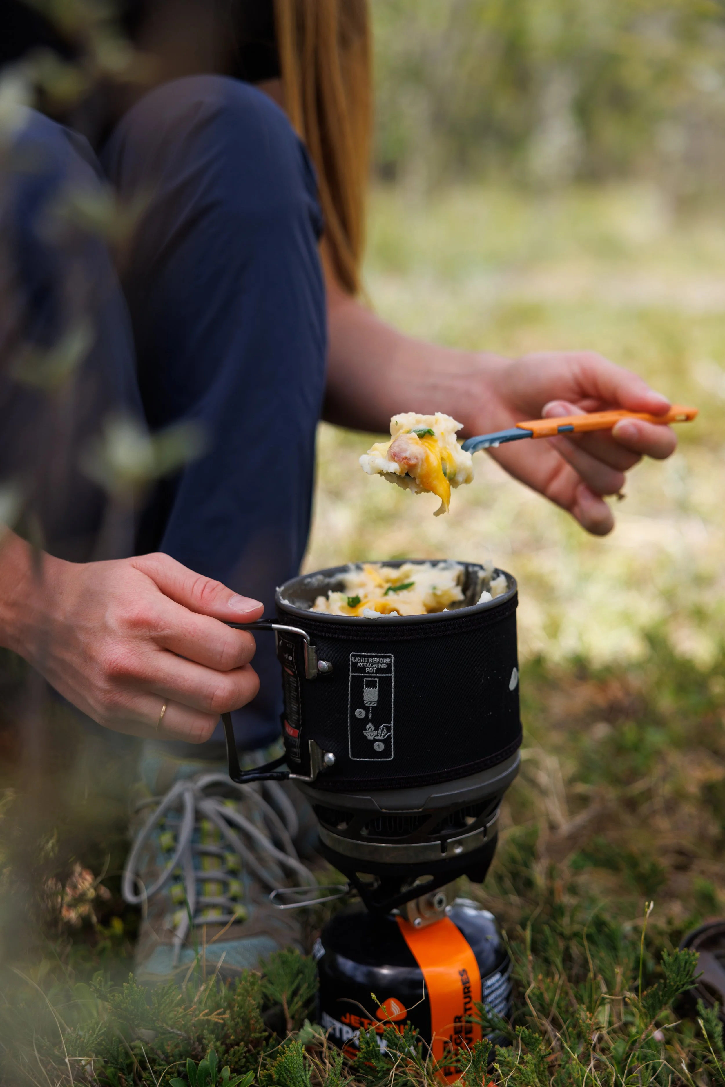 side view of jetboil camp stove with backpacking pirogies