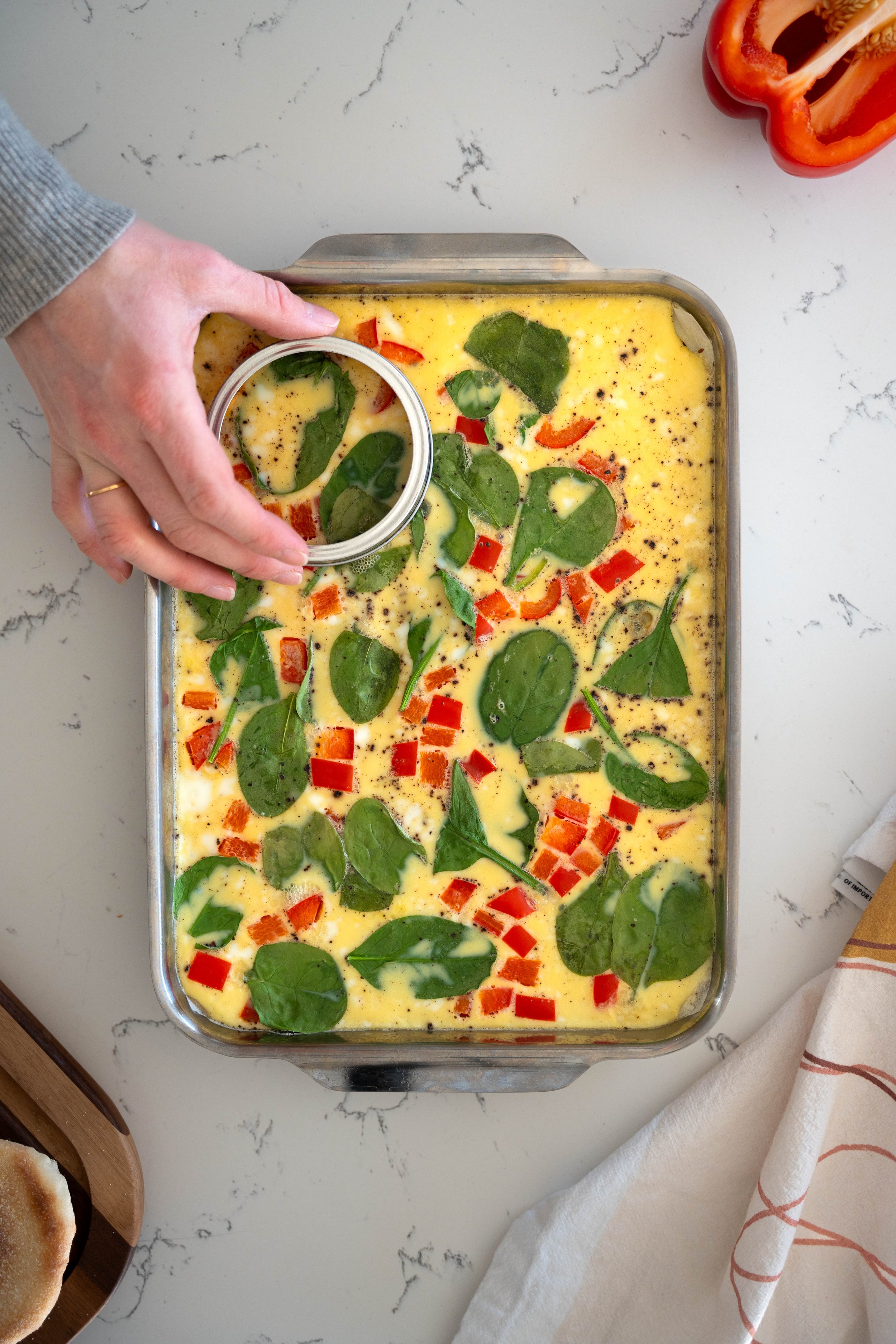 sheet pan showing cooked egg mixture with vegetables