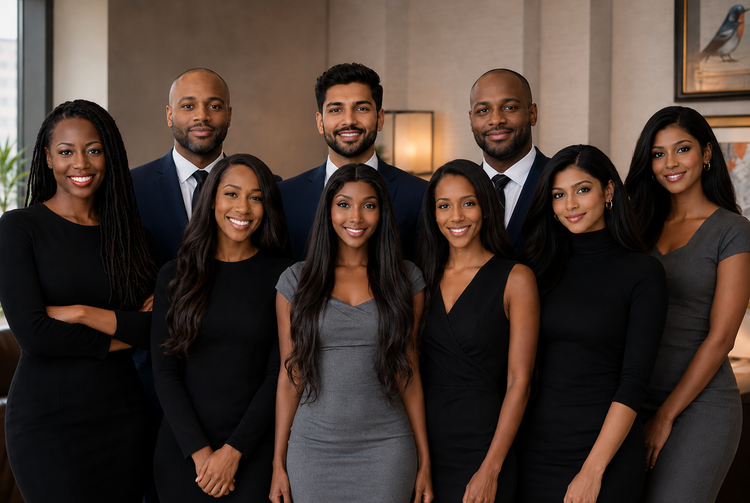 Diverse team of nine mental health professionals at Mindbodysoul Psychiatry smiling in professional attire in a warm modern interior