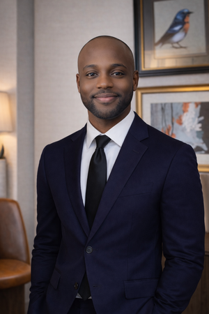 Charles Afful MD, Medical Director of Mindbodysoul Psychiatry — professional portrait in dark suit with warm modern interior background