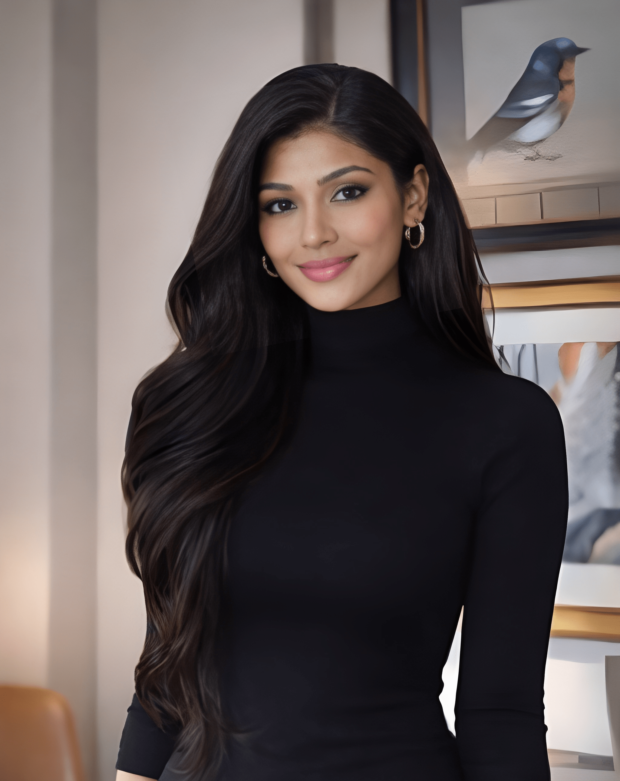 Ava Rose, Operations Manager of Mindbodysoul Psychiatry — professional portrait in black attire with warm modern interior background