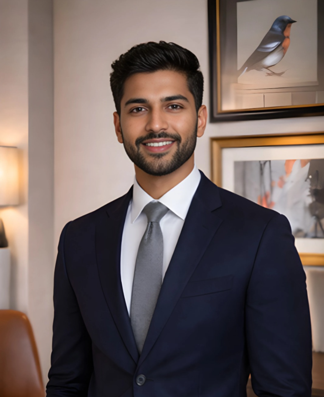 Alex Watson, Clinical Operations Liaison at Mindbodysoul Psychiatry — professional portrait in navy suit with warm modern interior background