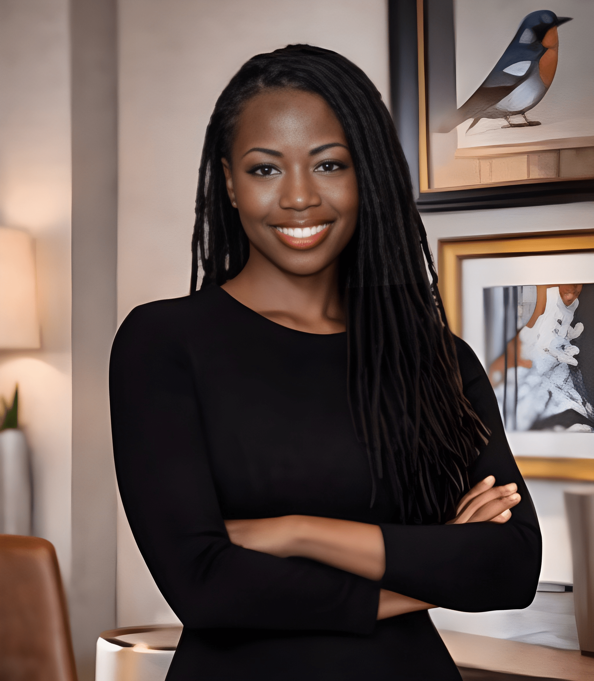 Arlene Rose, Psychiatric Nurse Practitioner at Mindbodysoul Psychiatry — professional portrait in black attire with warm modern interior background