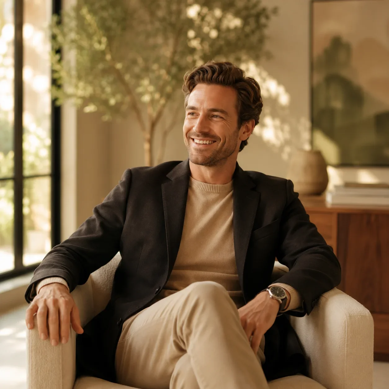 A man with brown hair and a beard, wearing a black blazer, beige shirt, and beige pants, sitting on a cream-colored chair in a sunlit room with large windows and a view of trees, smiling and looking to the side.