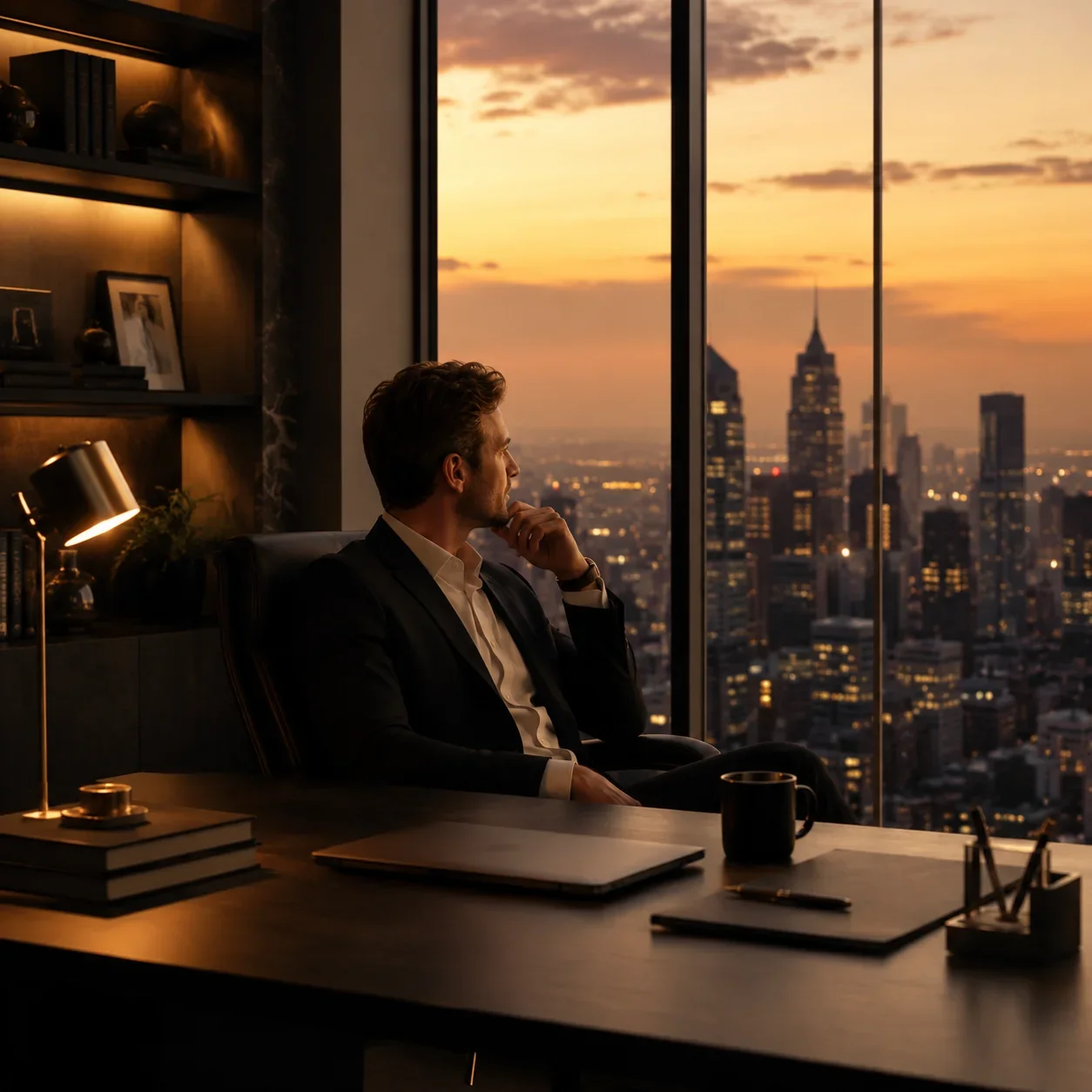 High-achieving white professional man in a dark suit seated at a desk gazing thoughtfully at a city skyline at sunset through floor-to-ceiling windows