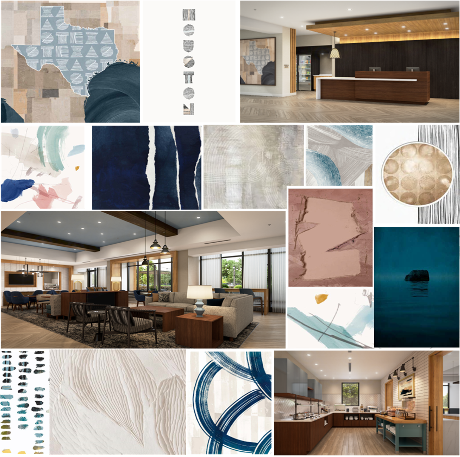 Collage of interior design elements including a modern lounge area, reception desk, art installations, textured wall surfaces, and decorative abstract artwork.