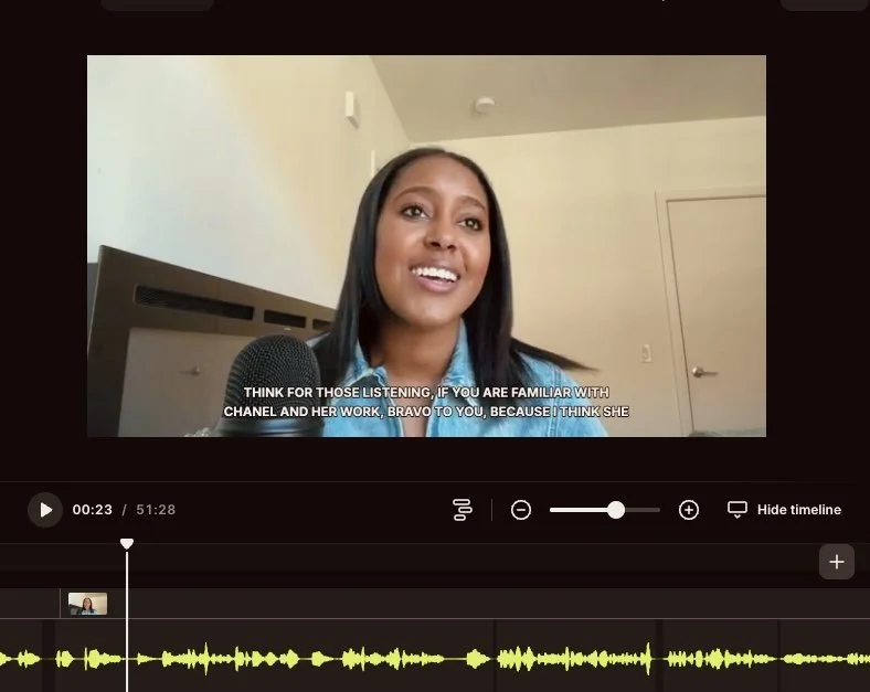 Screenshot of Naomi Haile speaking on a recorded video call, with captions and an audio waveform visible.