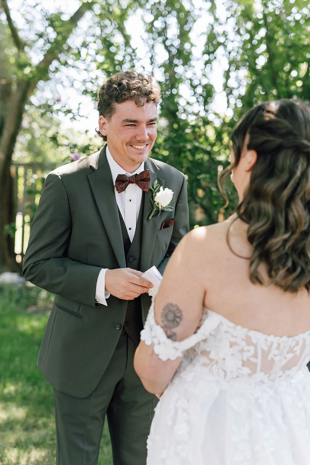 Couple exchanging private vows during a first look at their Ontario wedding