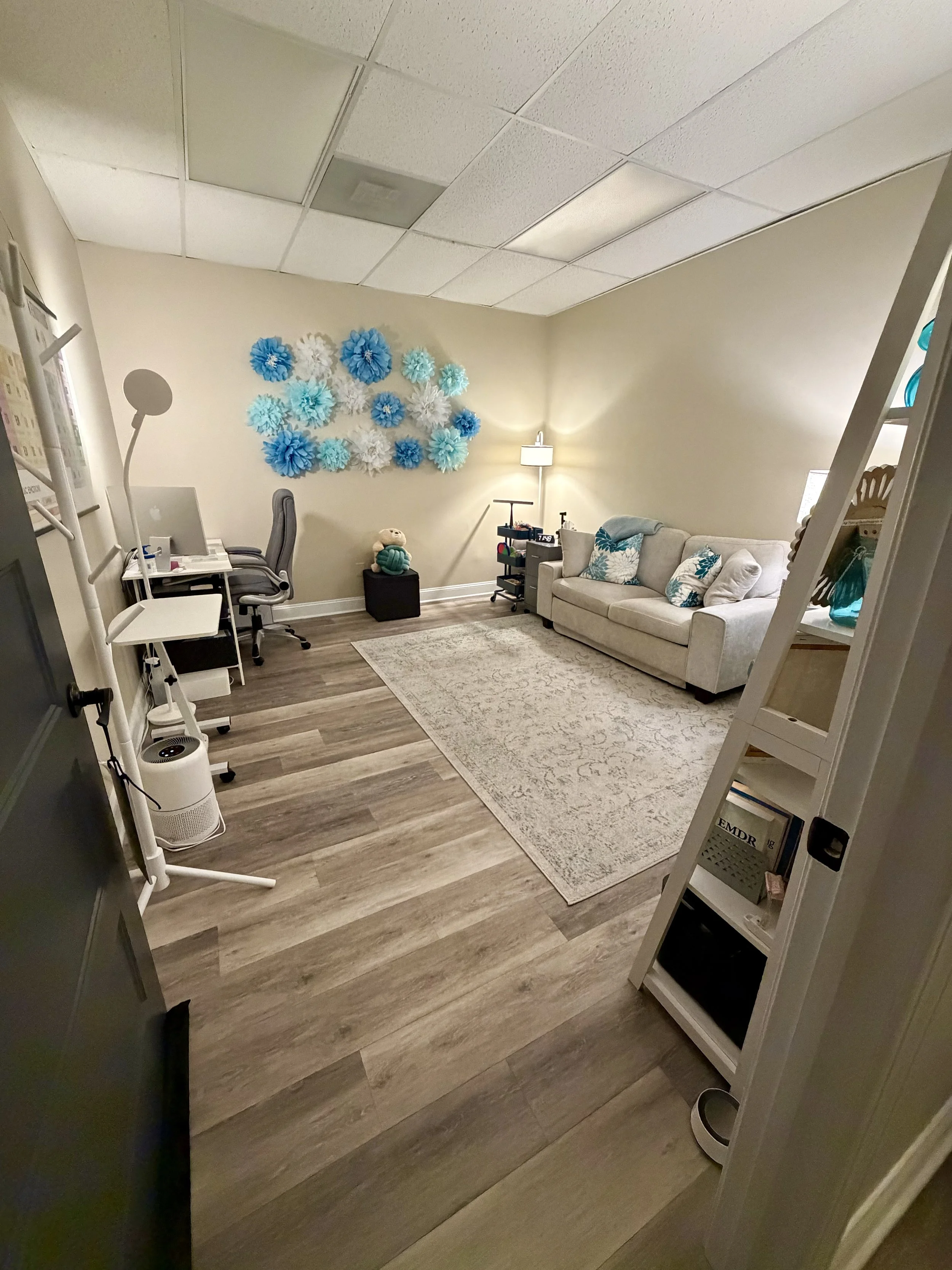 inviting mental health therapy office using blues and teals