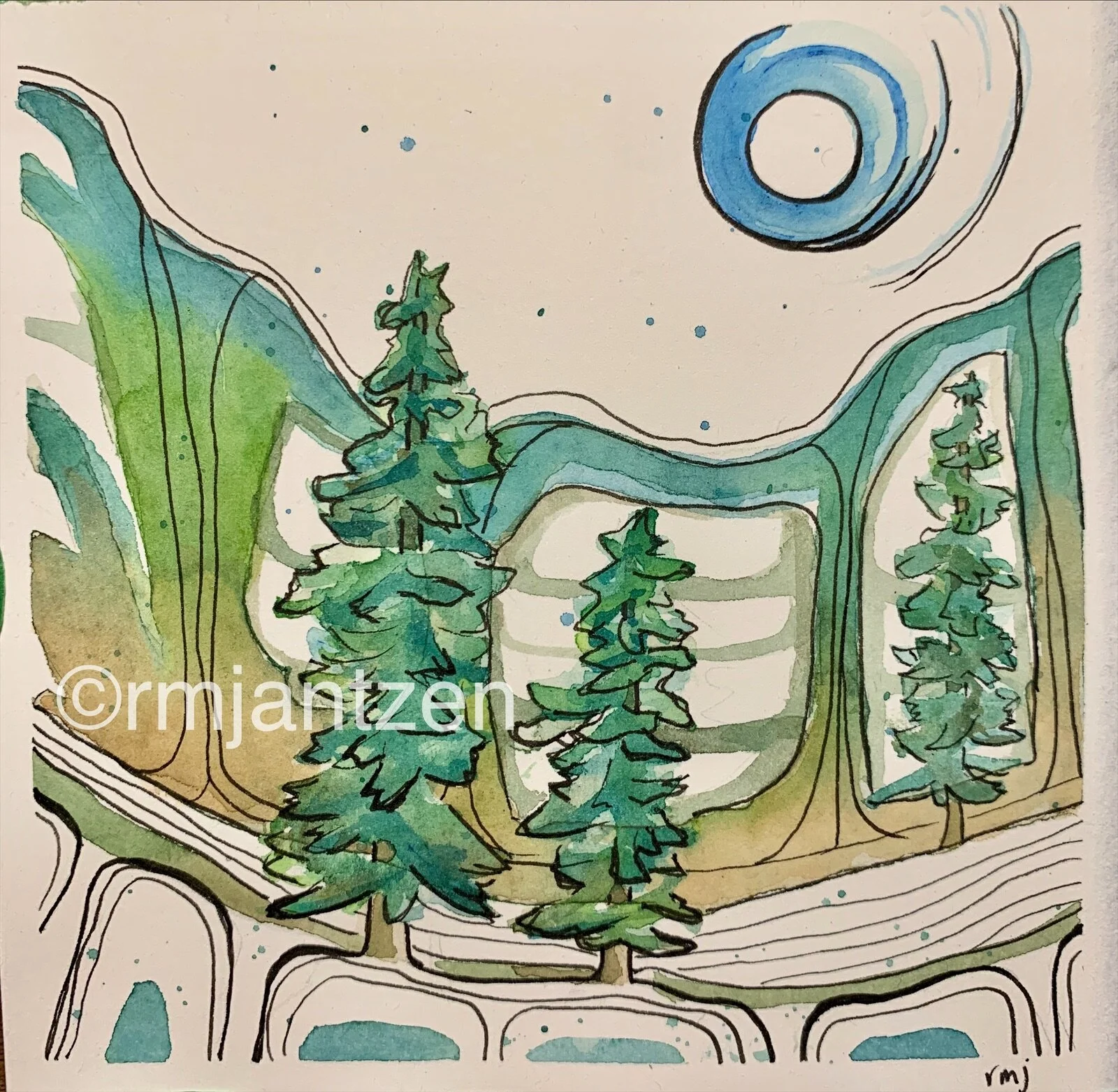 “Trees In Their Element” - Mountain Bench Series, 5x5”, watercolour, $85