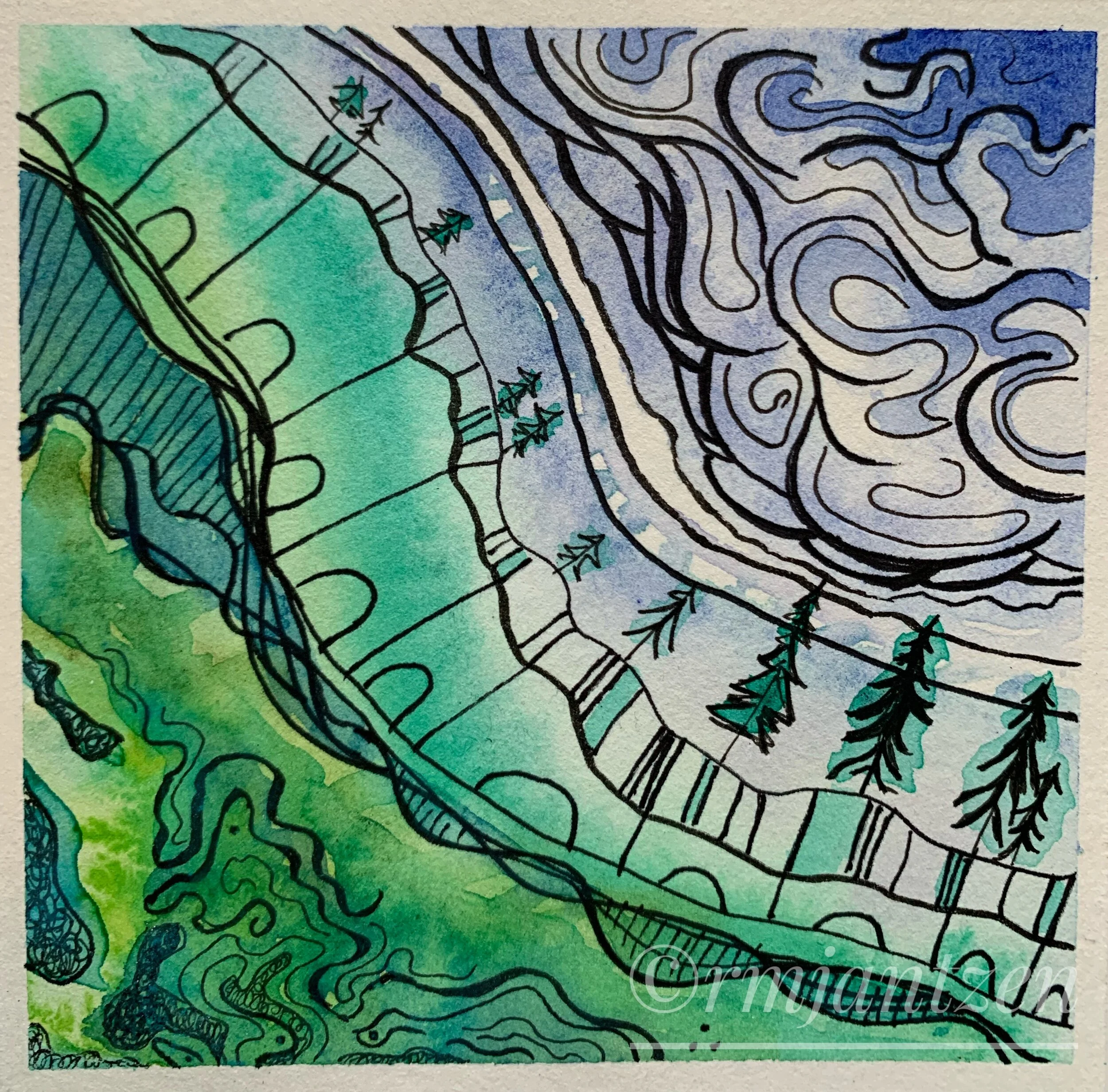 “Trees Speak Out” -Mountain Bench Series”, 5x5”, watercolour, $85 (reduced price $50)