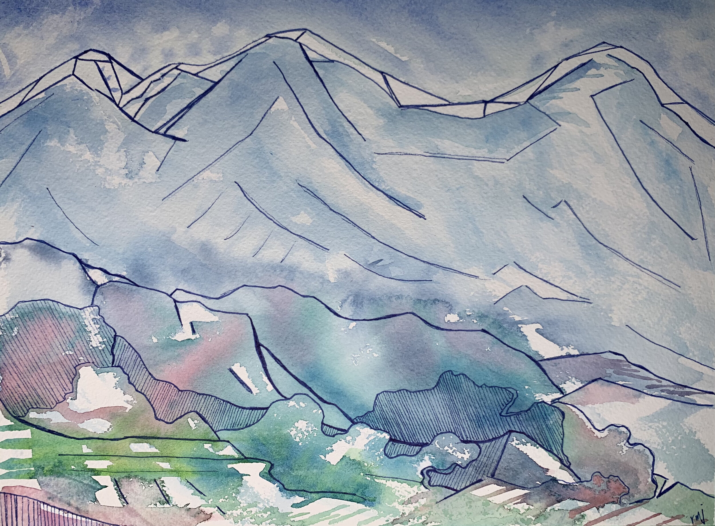"Mountains Above" - 9x12", professional watercolour and pen on arches paper, unframed, 2021, $216