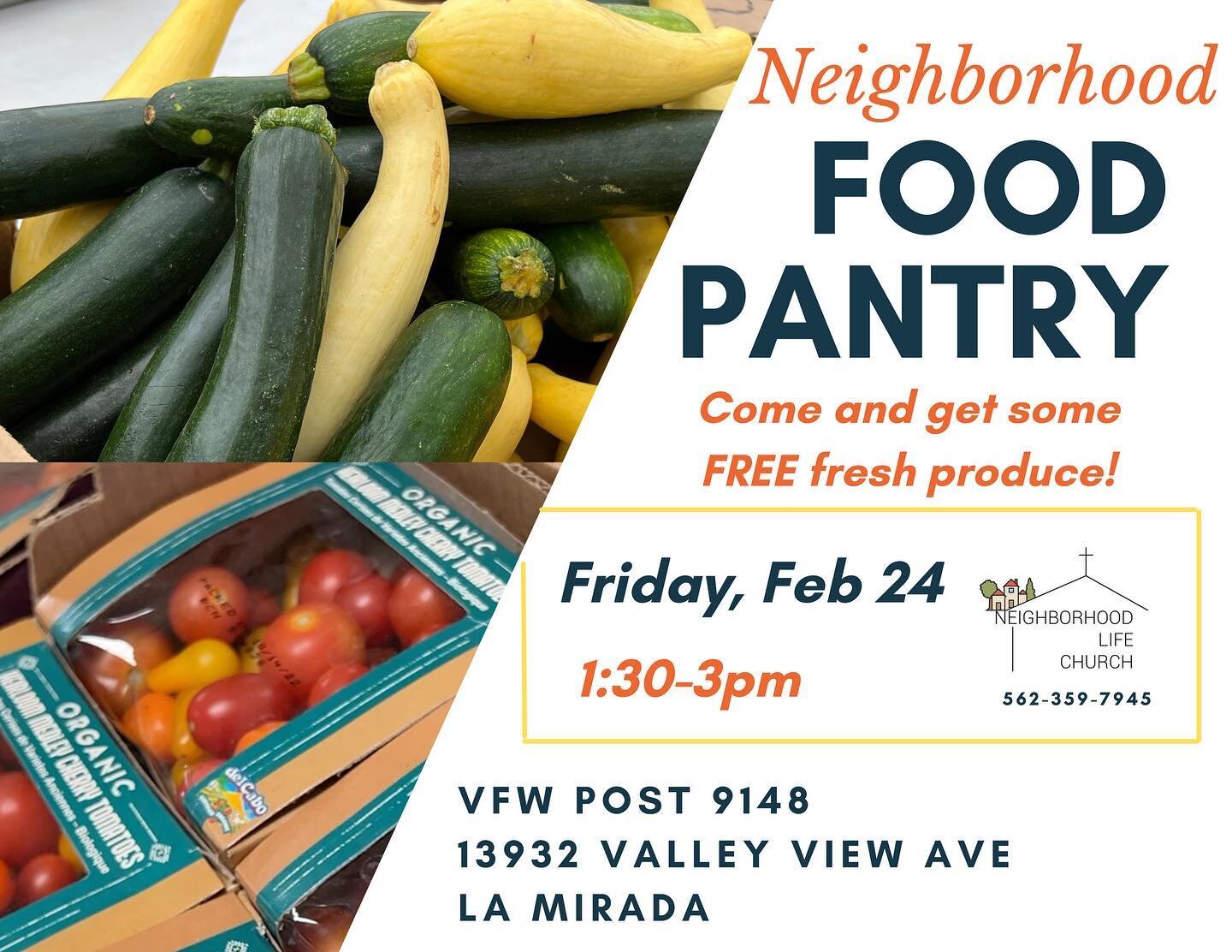 Countdown in 3 more days is our monthly food pantry. 

It's THIS Friday the 24th from 1:30-3pm 🍎🍒🥬🥕🥦 🌽🥒🍌

Let us know if you would like to receive food at our next food pantry or if you would like to volunteer and serve. 
&mdash;&mdash;&mdash