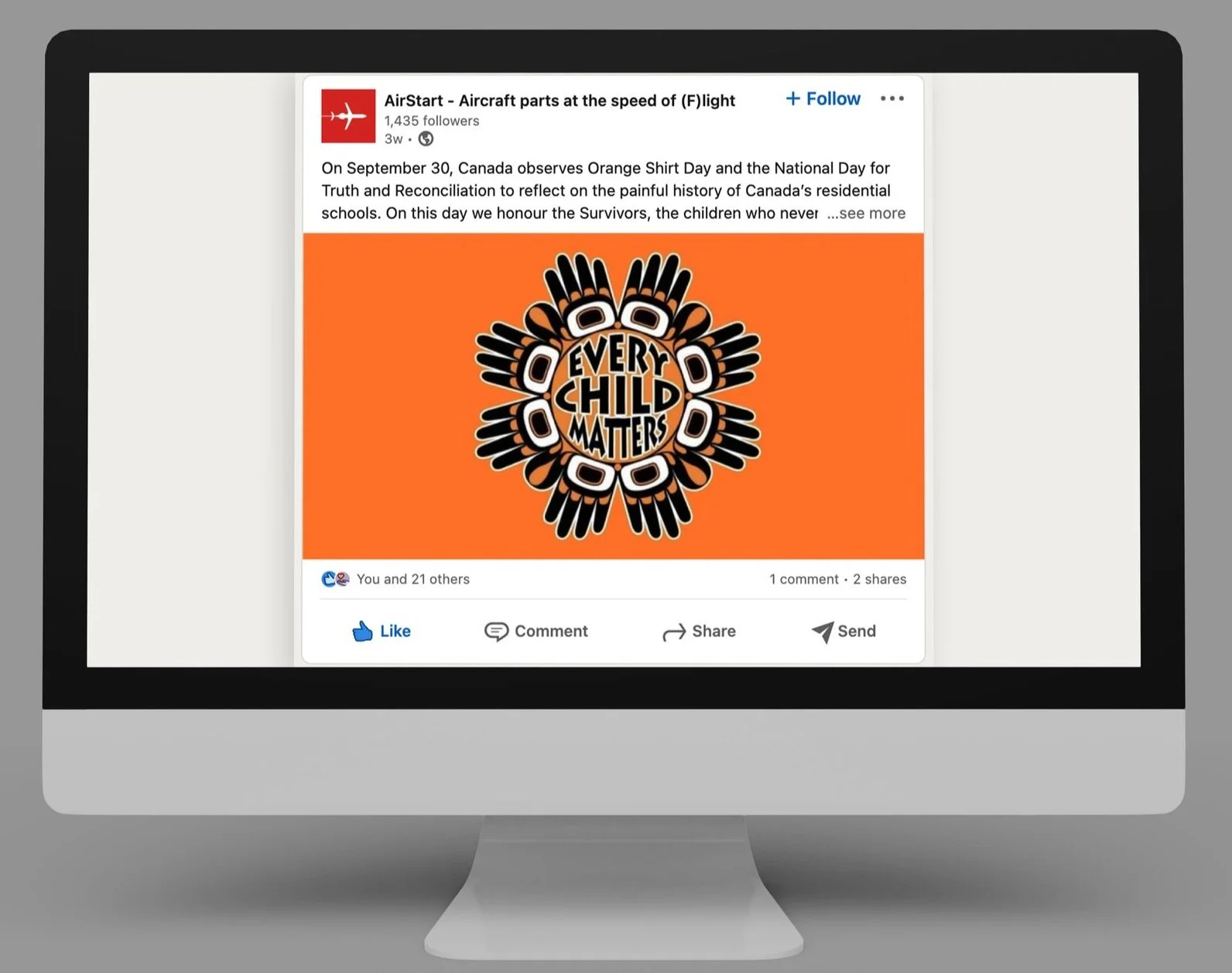 Airstart LinkedIn Post for Orange Shirt Day
Every Child Matters campaign.
Produced while working for Dog and Pony Studios Inc.