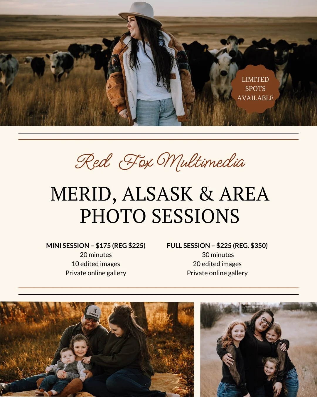 🌾 Exciting News, Saskatchewan! 🌾

I'm headed back to the beautiful @meridandmagna October 14-19th, and I&rsquo;m opening up LIMITED discounted photo sessions while I&rsquo;m there! 📸✨

This is the perfect time to update your family portraits, get 