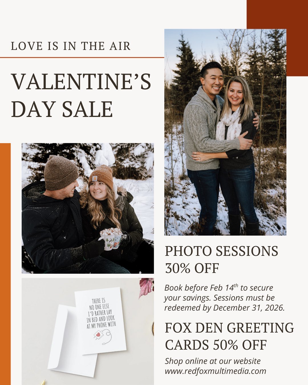 Love is in the air, and so are the deals. 💘✨

Looking for the perfect gift for your sweetheart? Our Valentine&rsquo;s Spring Sale is on now!

💕 Save 30% on photo sessions when you book before Feb 14
💌 Save 50% on all greeting cards
📦 Cards are in