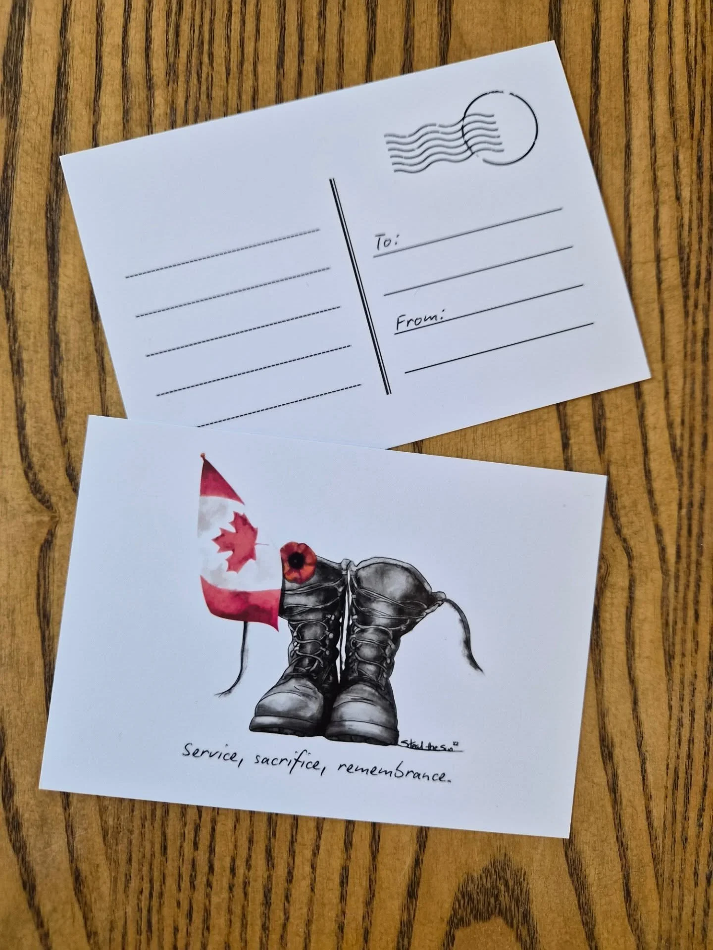 These postcards feature a beautiful piece by the talented @steal_the_sun_art a Canadian artist from Ontario. 

They will be getting filled with sentiments and wishes and delivered to the Veteran's Association in time for Remembrance Day. 

#remembran