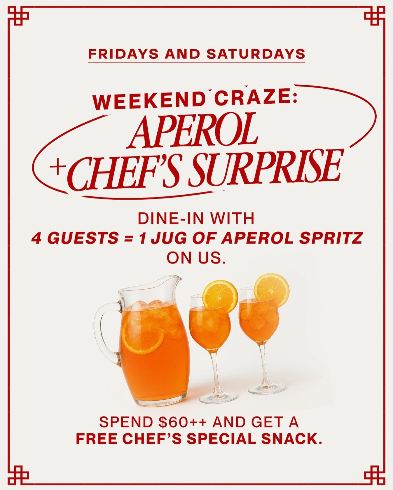 Weekend Craze: Aperol + Chef&rsquo;s Surprise
Dine-in with 4 guests = 1 Jug of Aperol Spritz on us. 🍊✨
Plus, spend $60pp and get a free Head Chef&rsquo;s special snack&mdash;because weekends deserve a little extra magic.
Elevate your weekend, The Ma