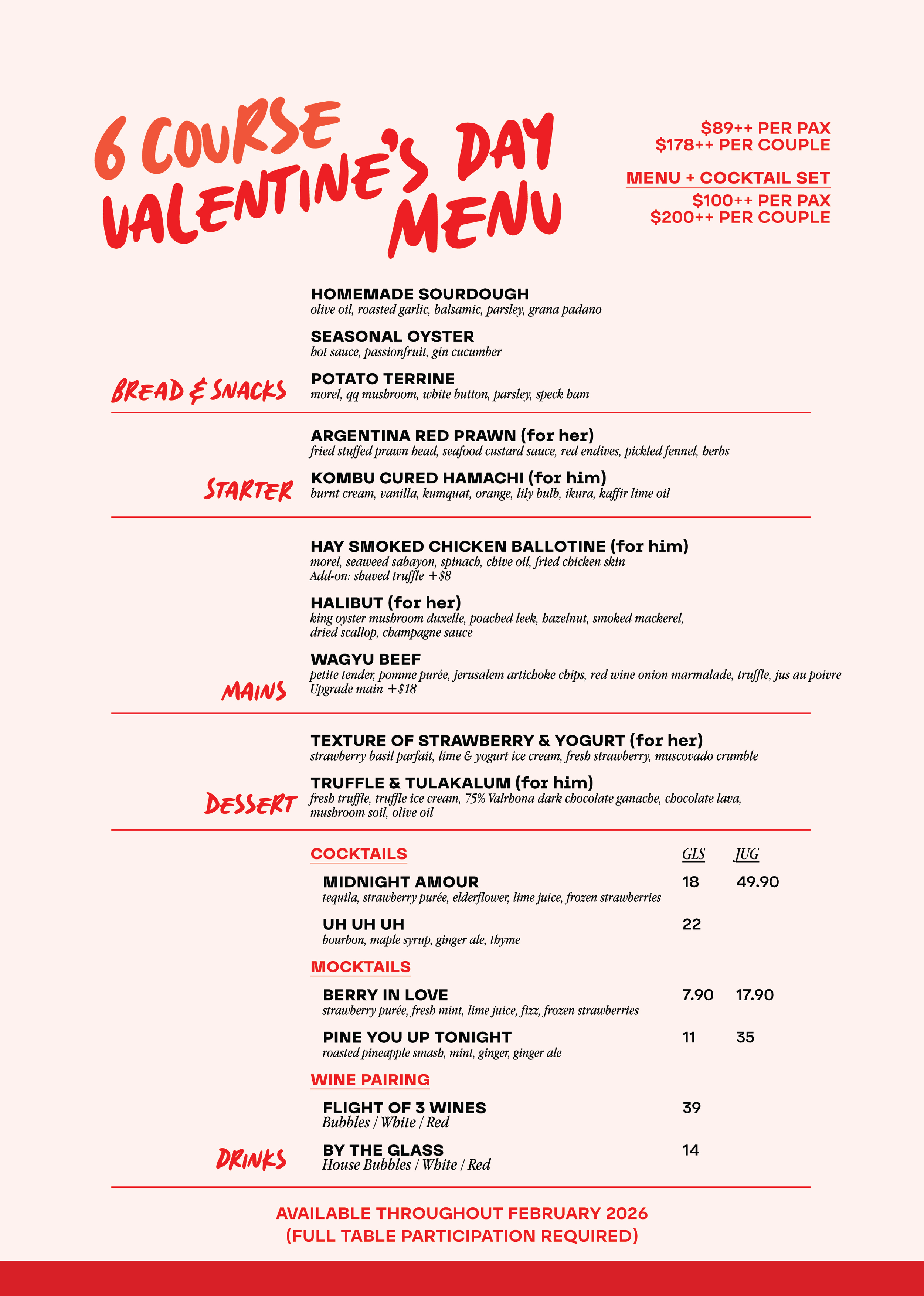 Valentine's Day themed menu featuring six courses: handmade sourdough, seasonal oyster, potato terrine, stuffed prawn, hambachi, smoked chicken, halibut, wagyu beef, strawberry yogurt, truffle tacos, cocktails, mocktails, and wine options, with prices listed per person and per couple.