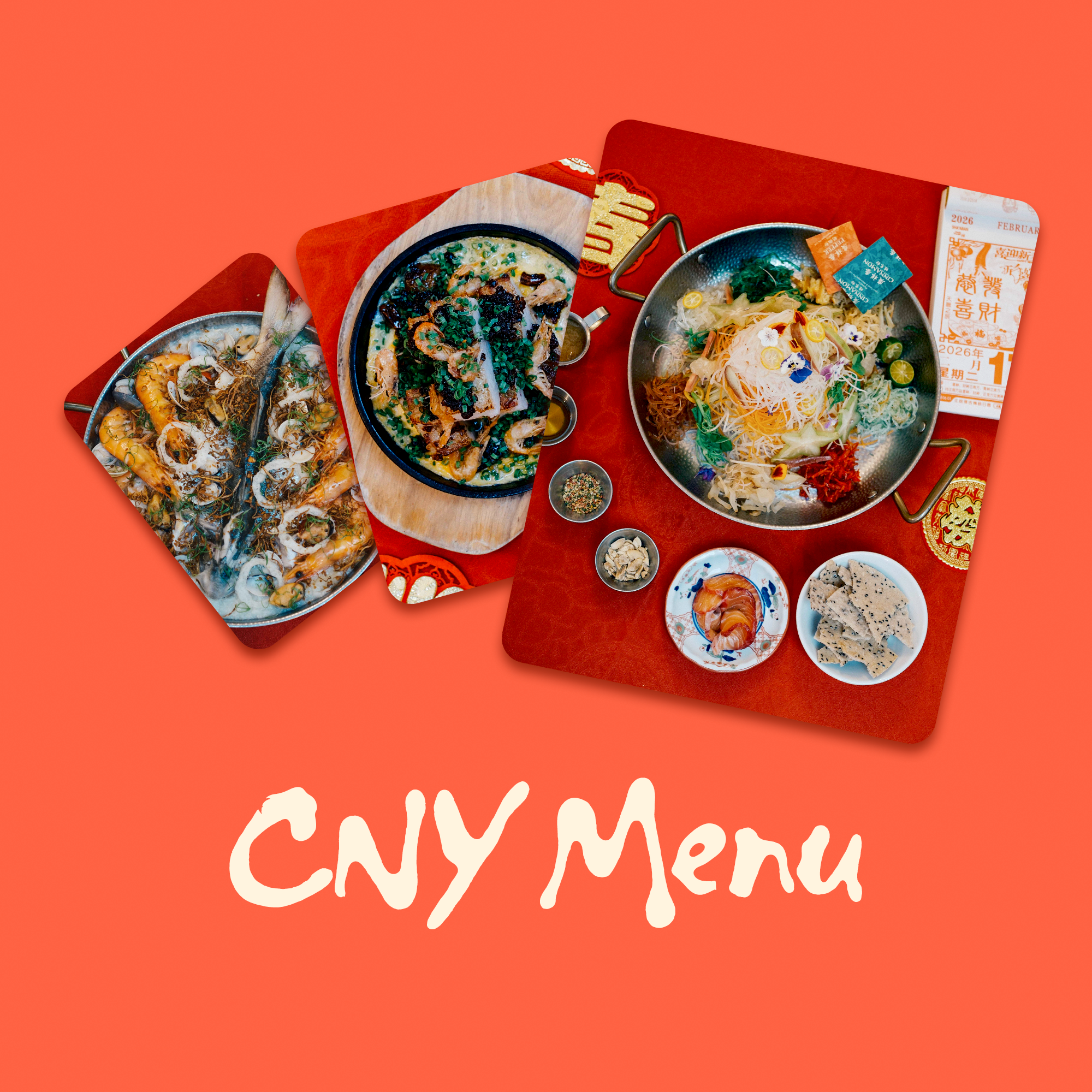 Colorful image of a Chinese New Year menu featuring various dishes on a red background.