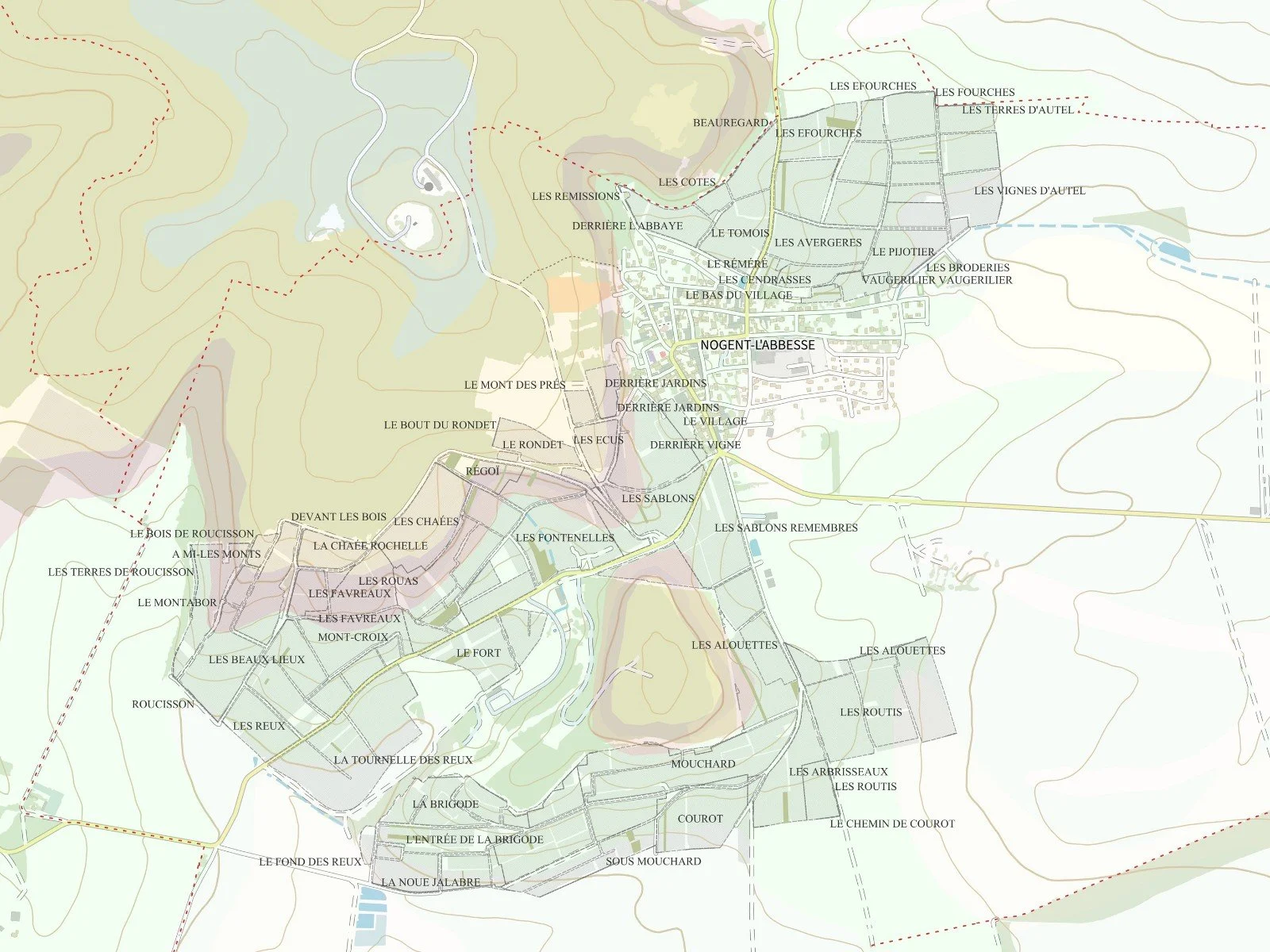 Vineyard map of Nogent-l’Abbesse showing lieux-dits and parcel boundaries in Champagne