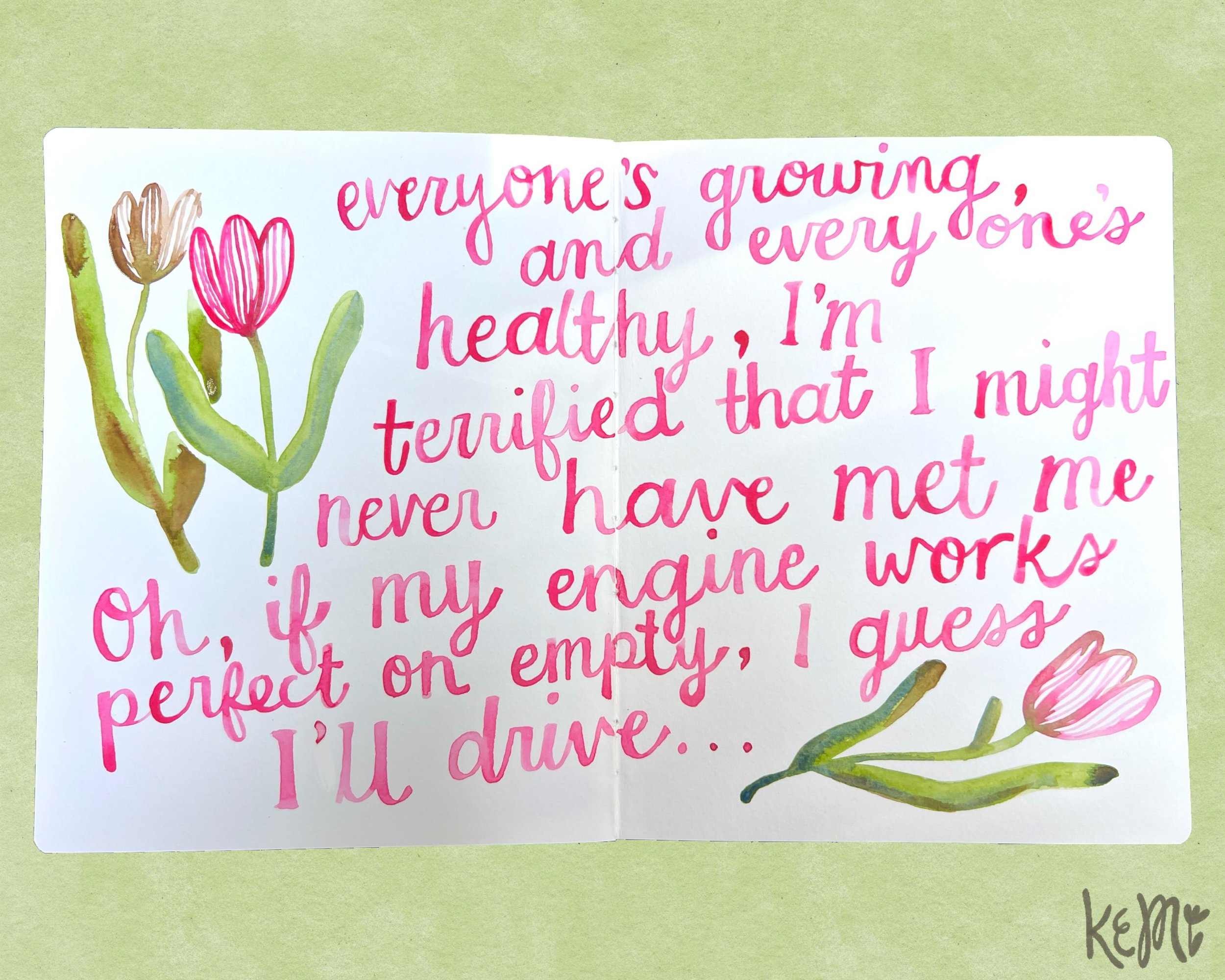 obsessed with the new Noah Kahan album!! watched the new Noah Kahan documentary a couple weekends ago and painted this with the lyrics from &ldquo;growing sideways&rdquo;! I just love how he can convey such emotion through his music, it&rsquo;s so be