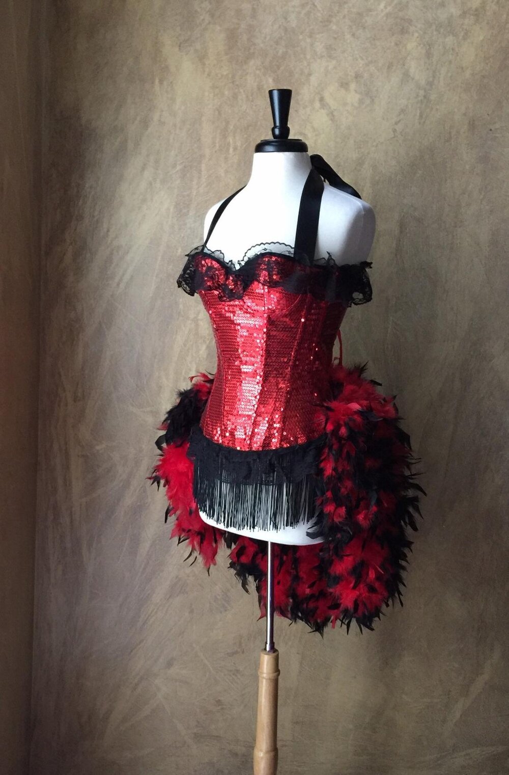 Red/Black Sequin and Lace Feather Burlesque Costume — Fantasy