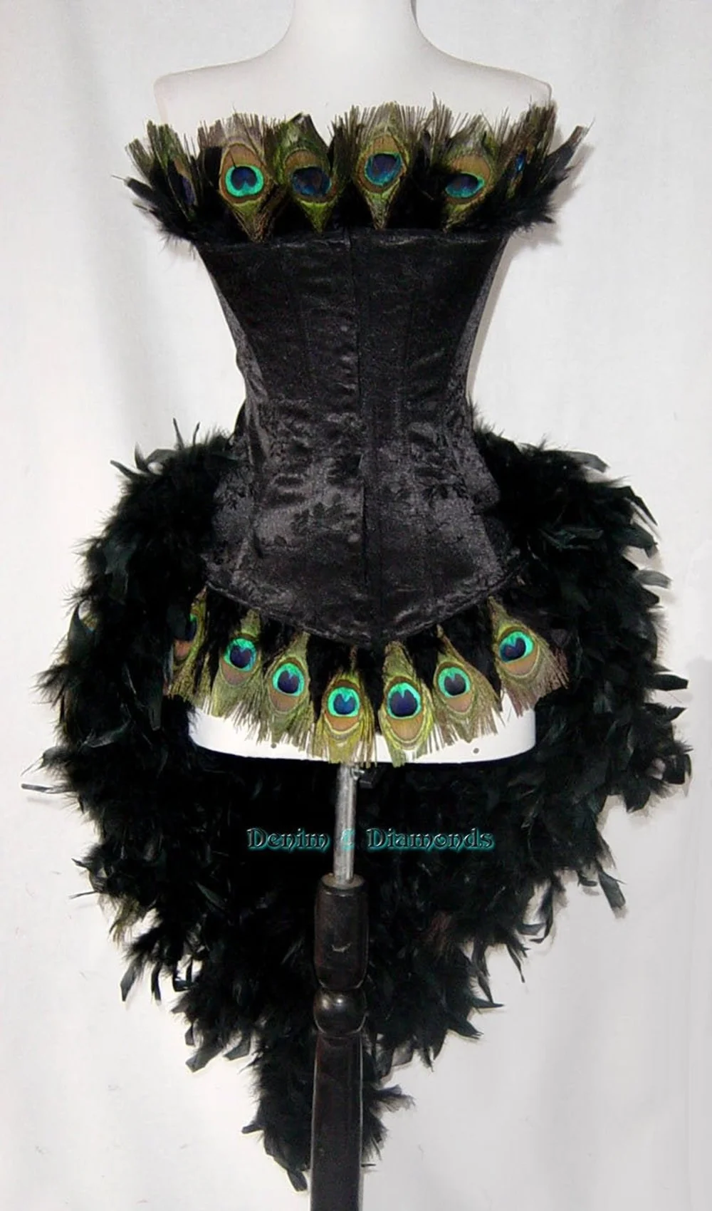Only Small Left-Black Peacock Eye Feather Brocade Burlesque Costume  w/Feather Train  Fantasy Masquerades