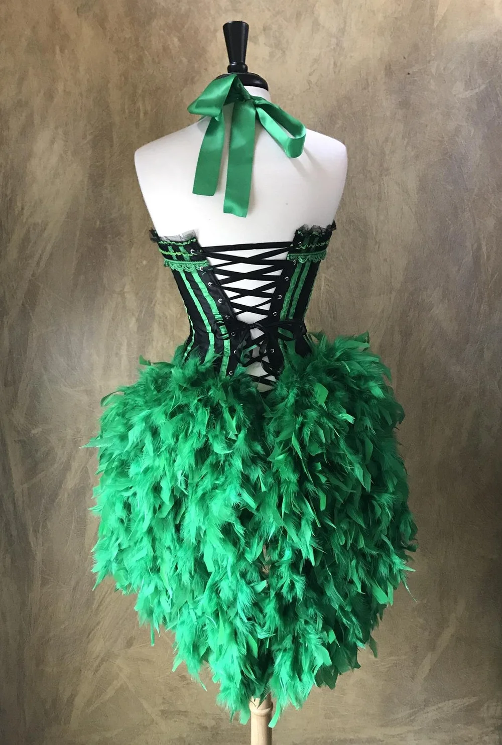 Green/Black Victorian Lace Feather Burlesque Costume  Fantasy Masquerades