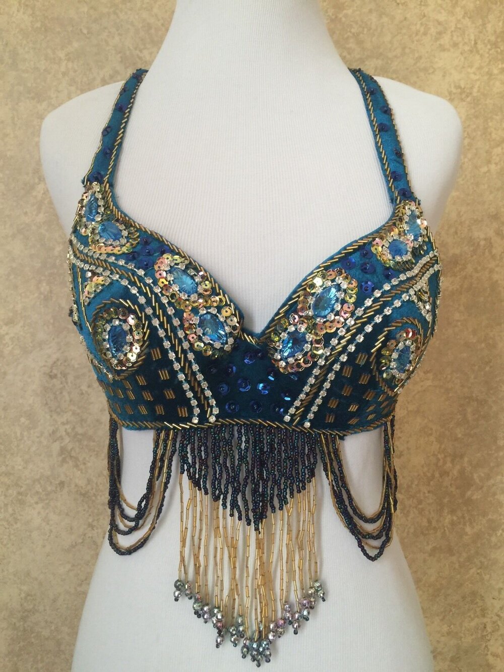 Professional Crystal Rhinestone Beaded Peacock Belly Dance Bra Top  Turquoise O/S — Fantasy Masquerades