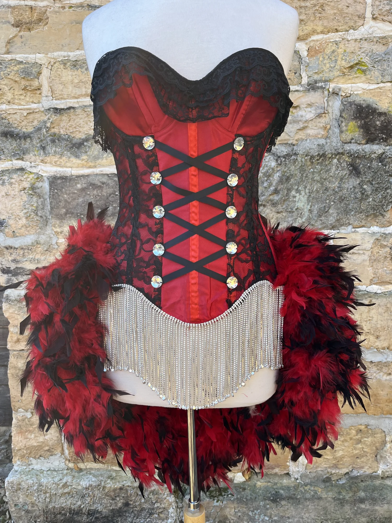 One Only-L-Custom Burlesque Costume Red/Black with Rhinestone Fringe and  Accents  Fantasy Masquerades