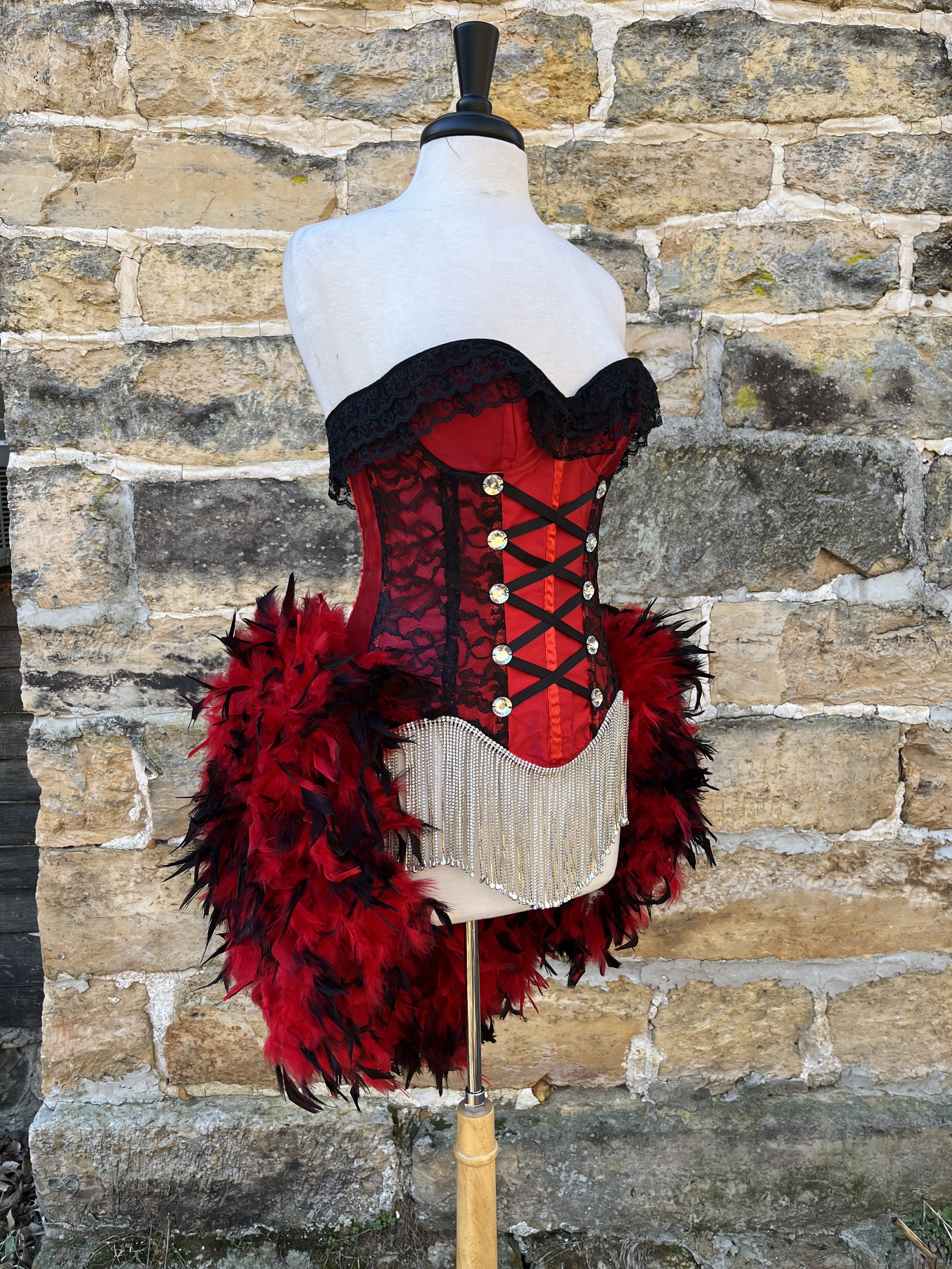 One Only-L-Custom Burlesque Costume Red/Black with Rhinestone Fringe and Accents