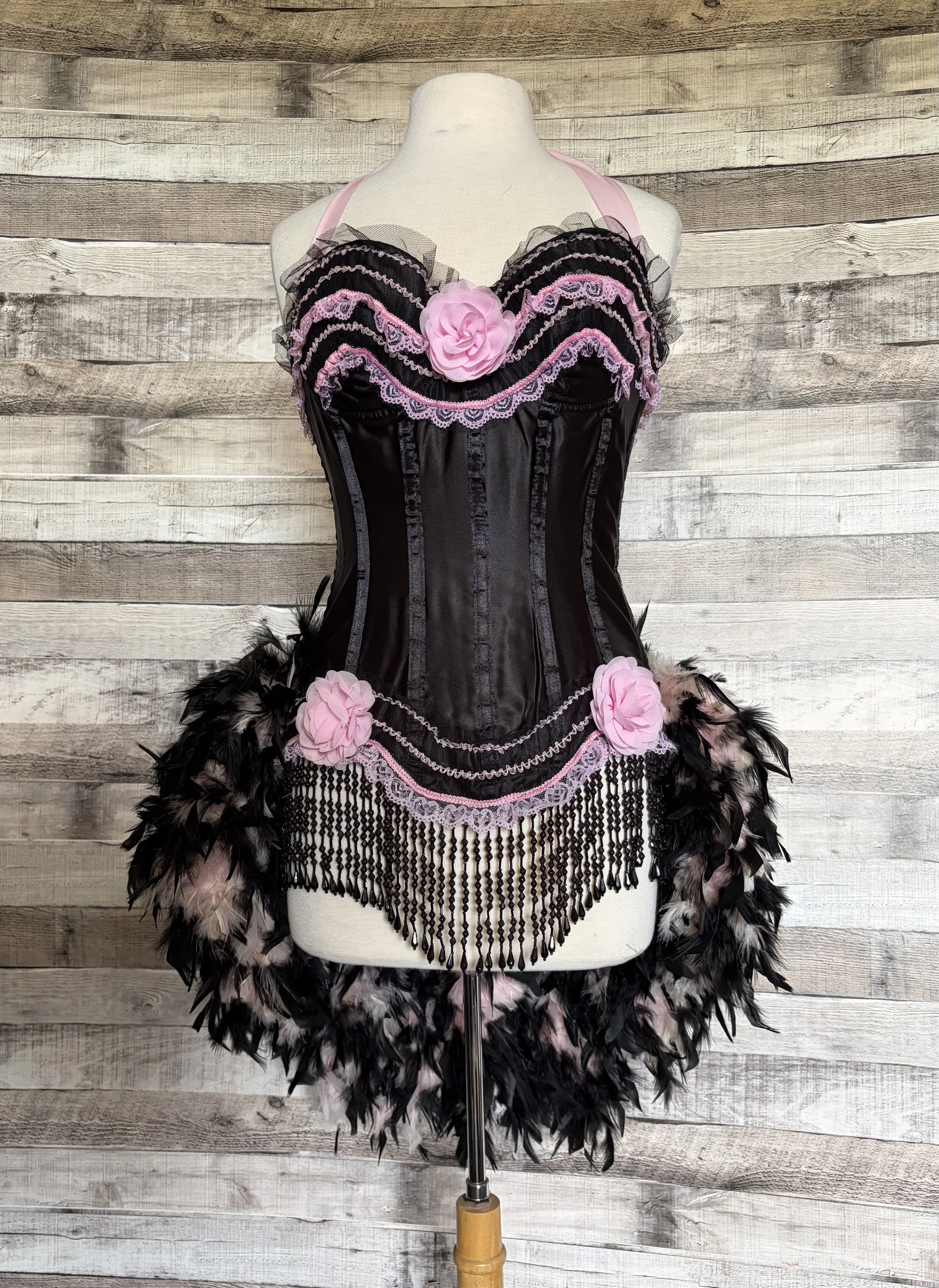 XL-Pink/Black Lolita Day of the Dead Flower Feather Burlesque Costume