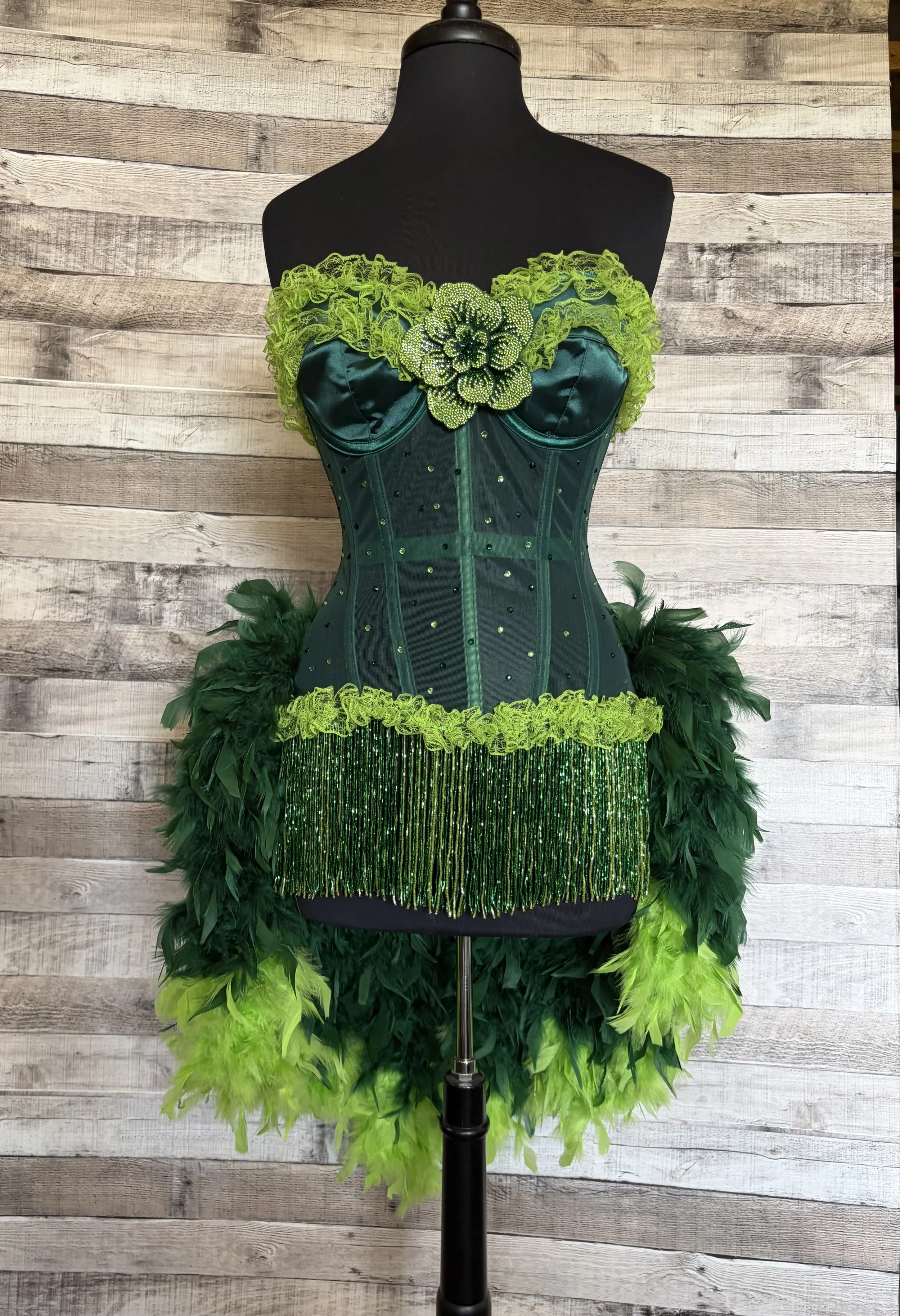 Dark Green and Lime Crystal and  Lace Feather Burlesque Costume