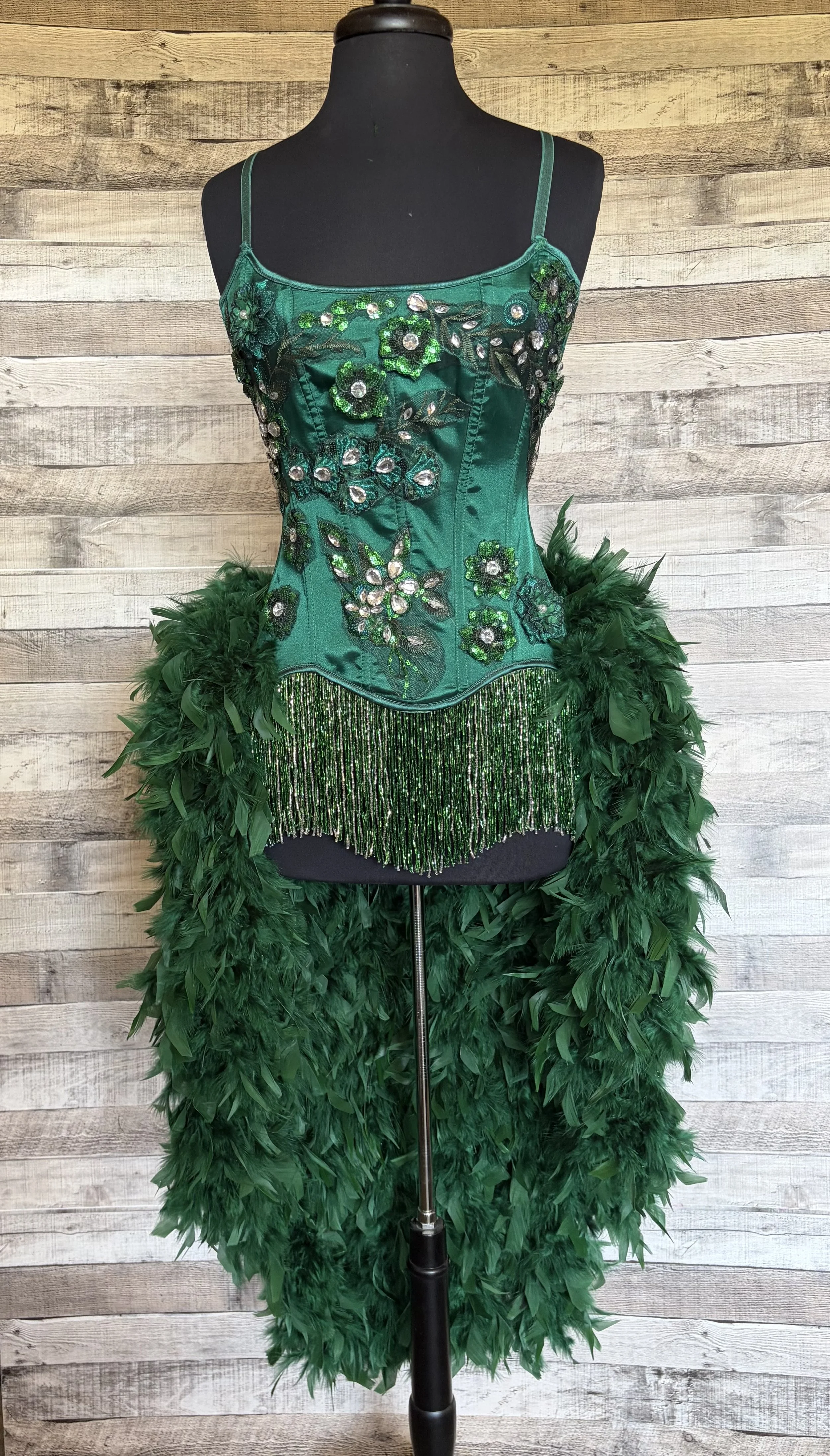 Green Rhinestone and Layered Glass Bead Showgirl Saloon Girl  Burlesque Costume w/Feather Train
