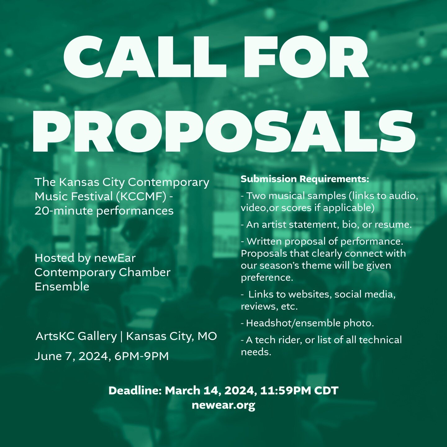 Announcing our call for proposals for the 2024 Kansas City Contemporary Music Festival! Application form and more information found at www.newear.org!