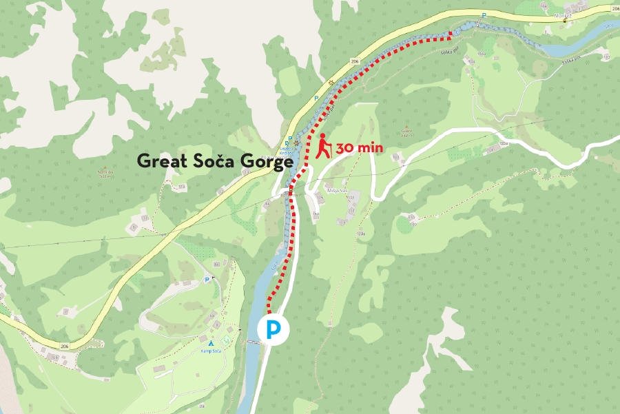 Map of walking path from the parking lot to Great Soča Gorge trip