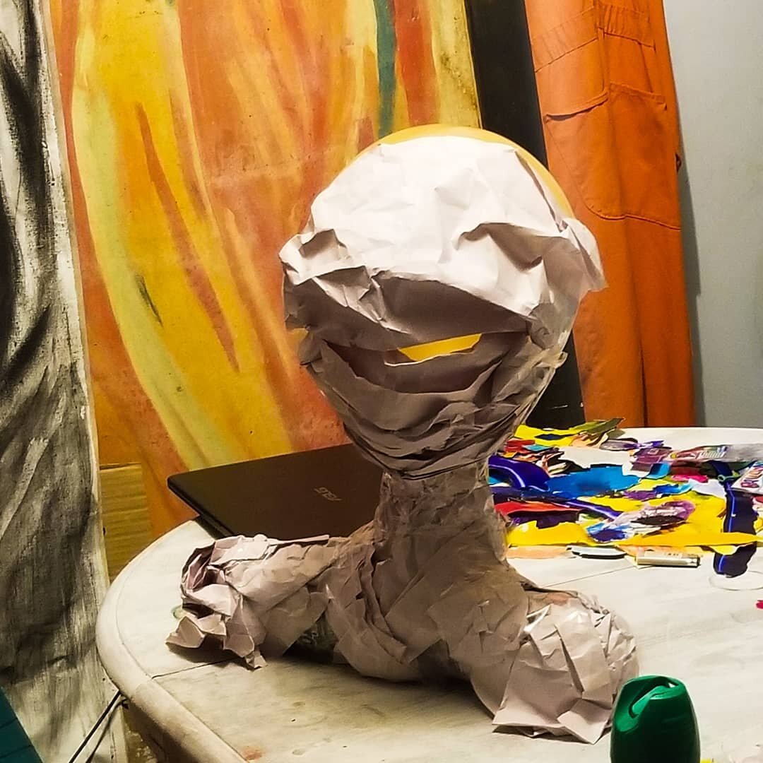 I'm digging the creepy mummy vibe while making this mannequin head tonight, which if successful @taylorsum and I will use to display the various... hair and head ornaments we have in the works. Wish me luck. I've already popped one balloon head. #man