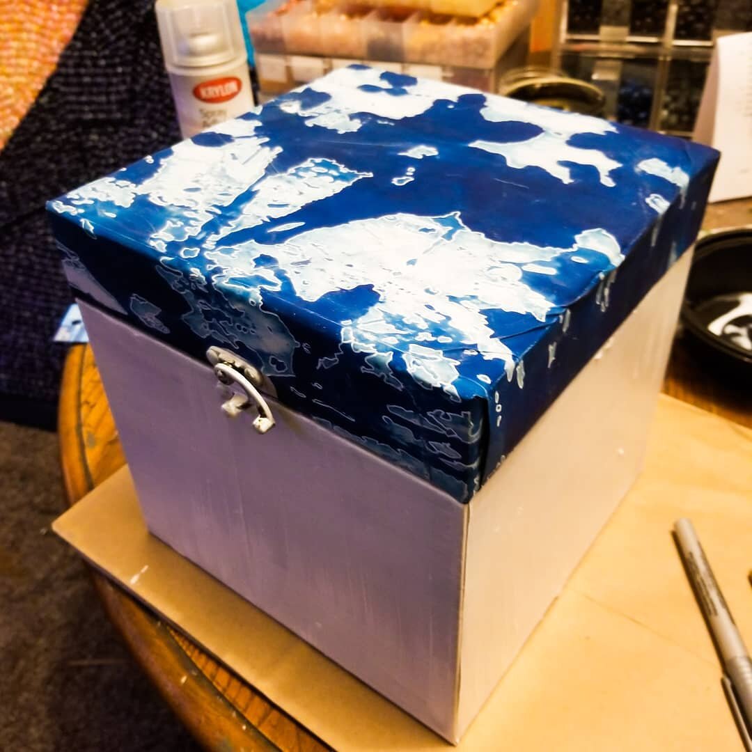 I've been repurposing some of my cyanotype experiments for making other stuff. Like this box! Not sure if it's done or not but I'm liking it so far. The blue and white is paper i splattered the cyanotype chemicals on, exposed in sunlight, rinsed, rep